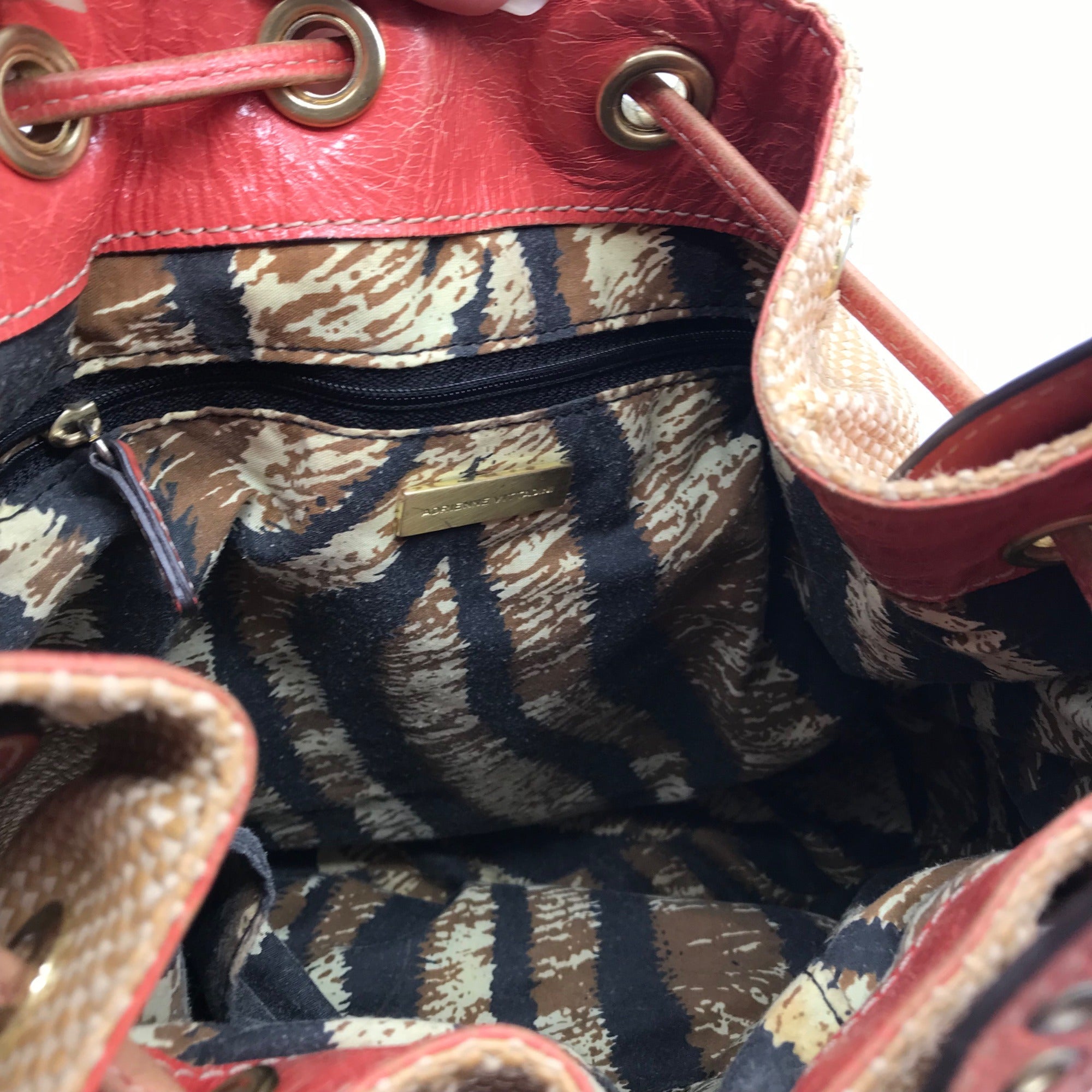 Adrienne Vittadini Beige &amp; Coral Raffia Drawstring Shoulder Bag