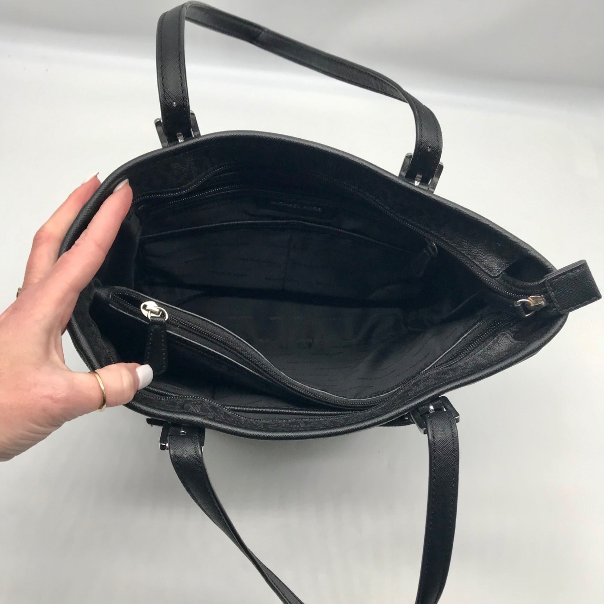 Michael Kors Black Monogram Jet Set Snap Pocket Tote Bag