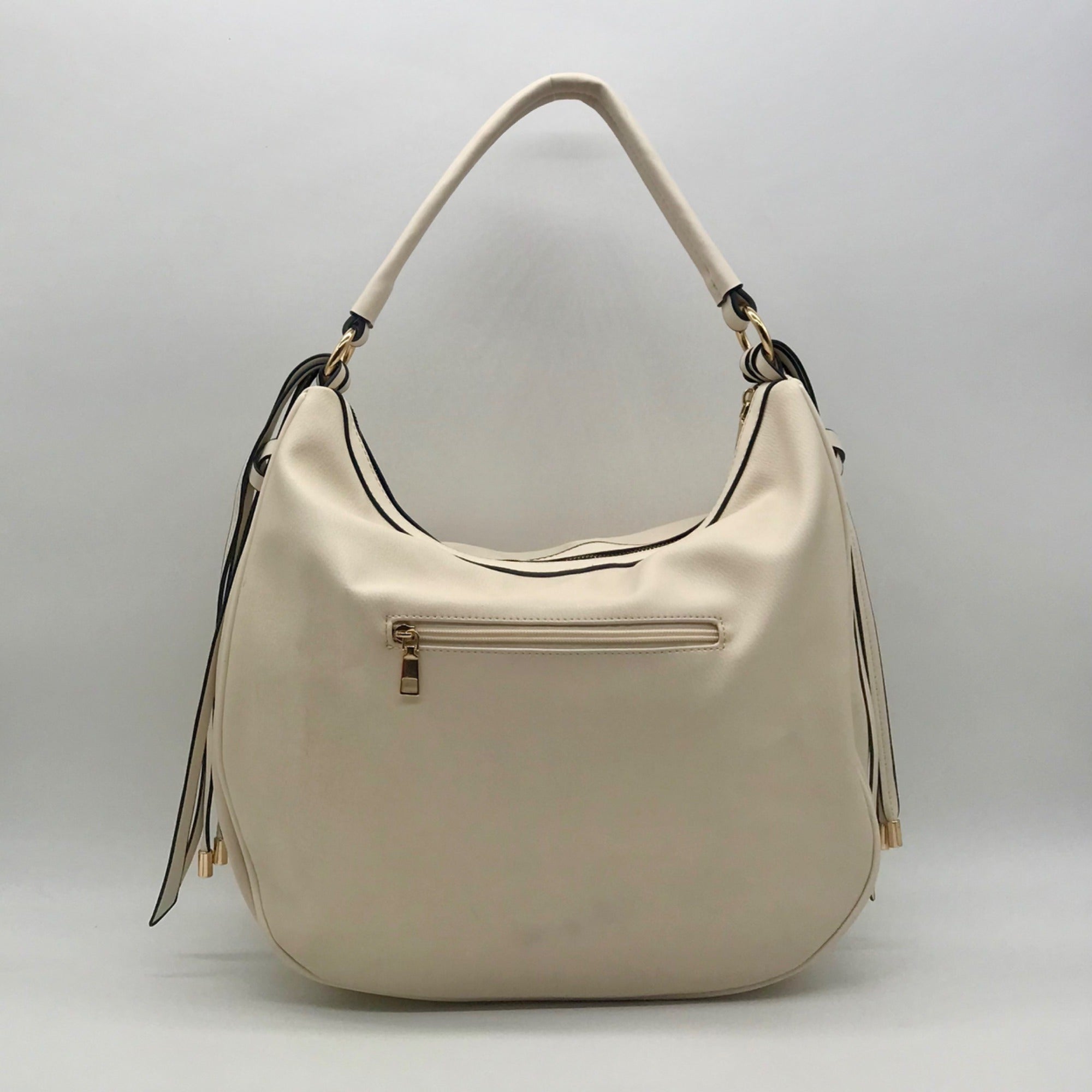 Cream Faux Leather Tassel Design Slouchy Tote Bag
