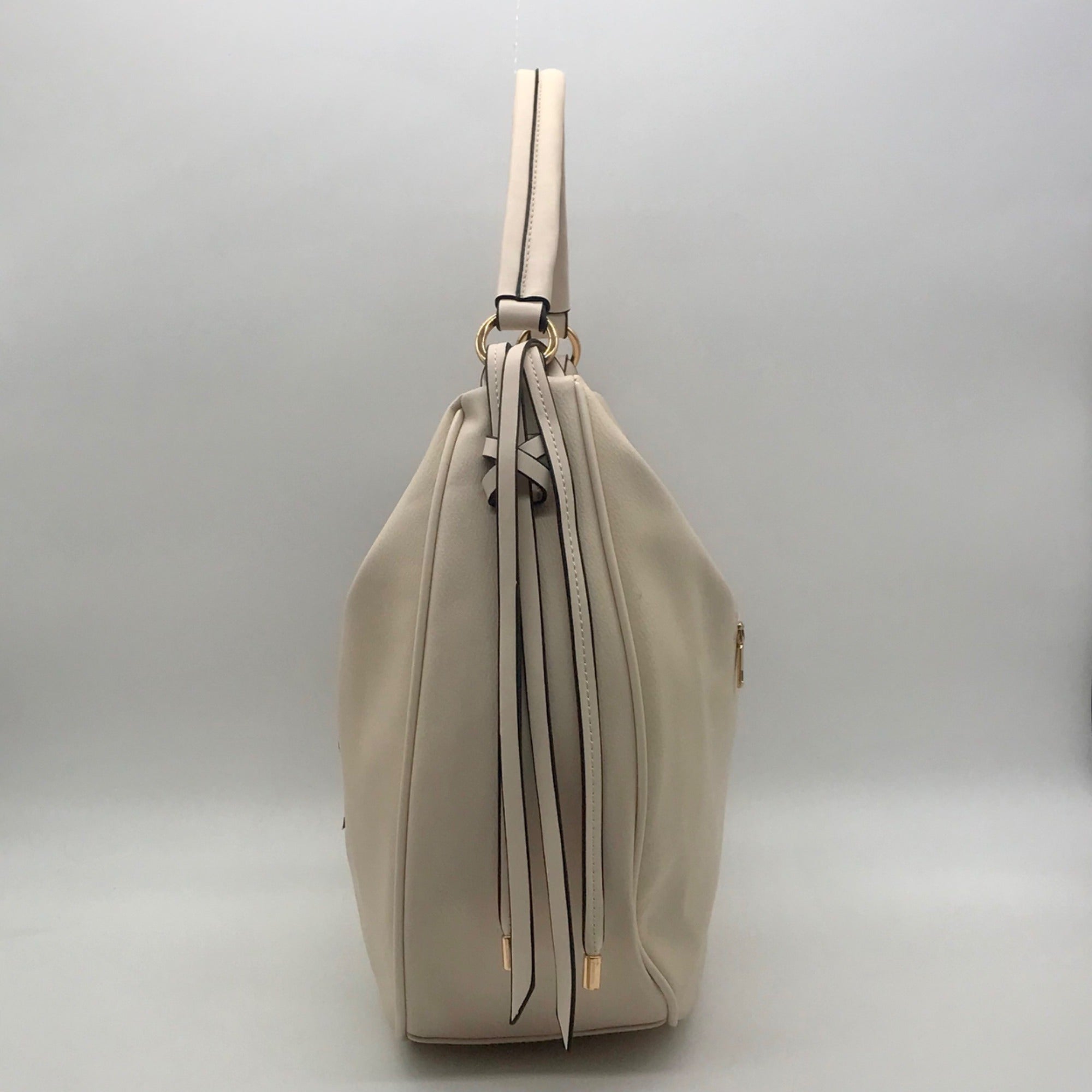 Cream Faux Leather Tassel Design Slouchy Tote Bag