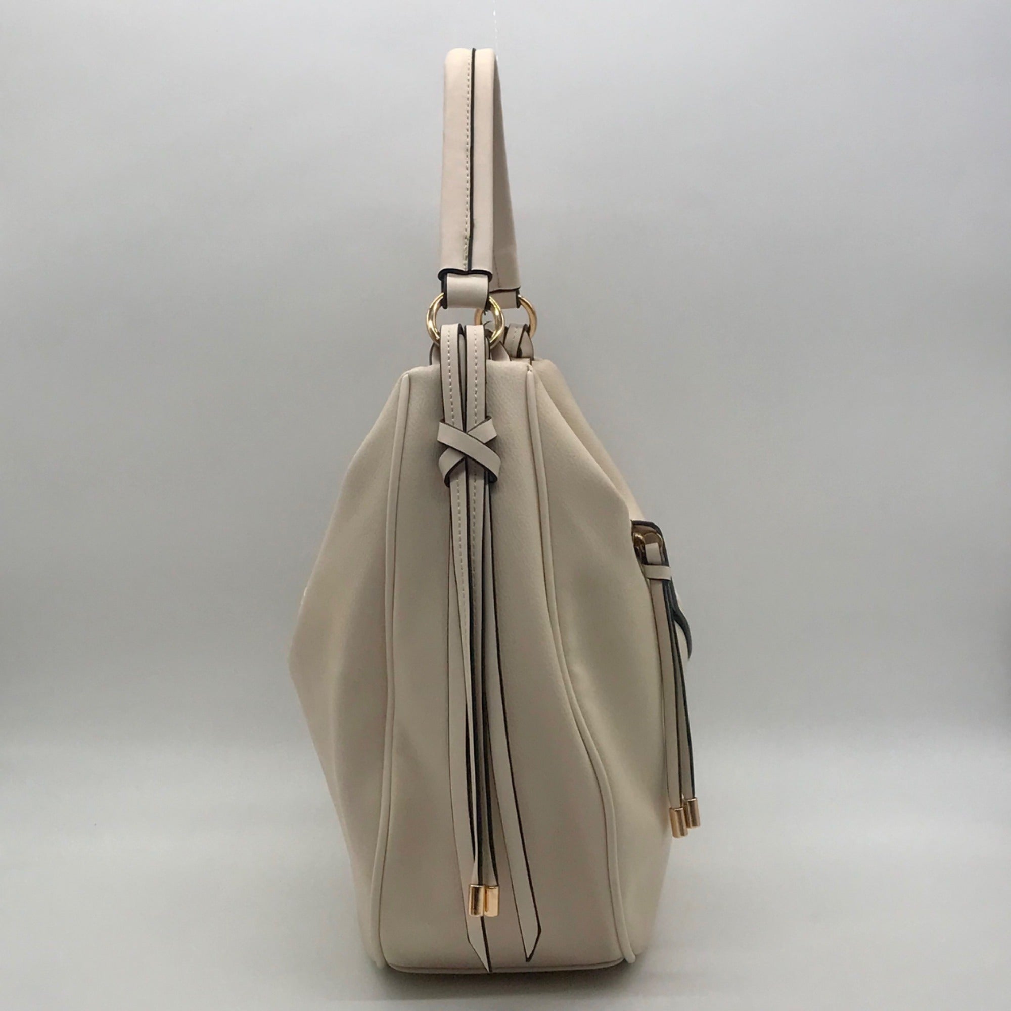 Cream Faux Leather Tassel Design Slouchy Tote Bag