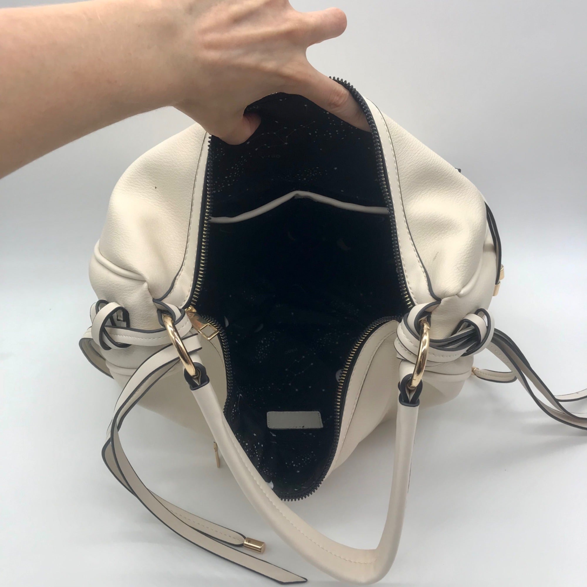 Cream Faux Leather Tassel Design Slouchy Tote Bag