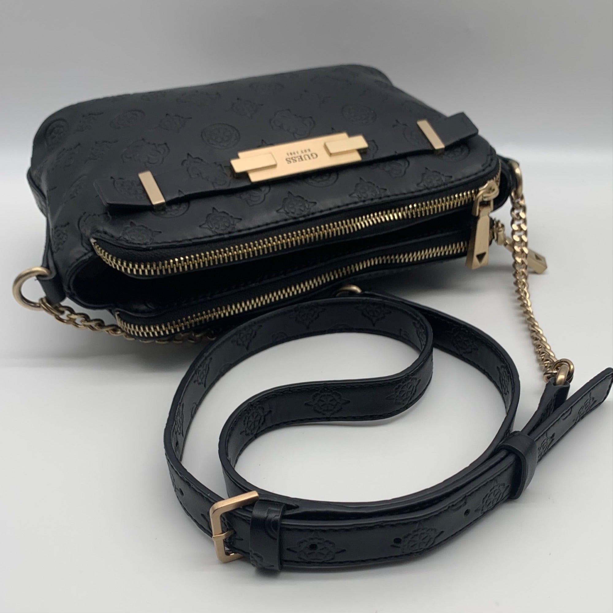 Guess Black Embossed Double Zip Bea Crossbody