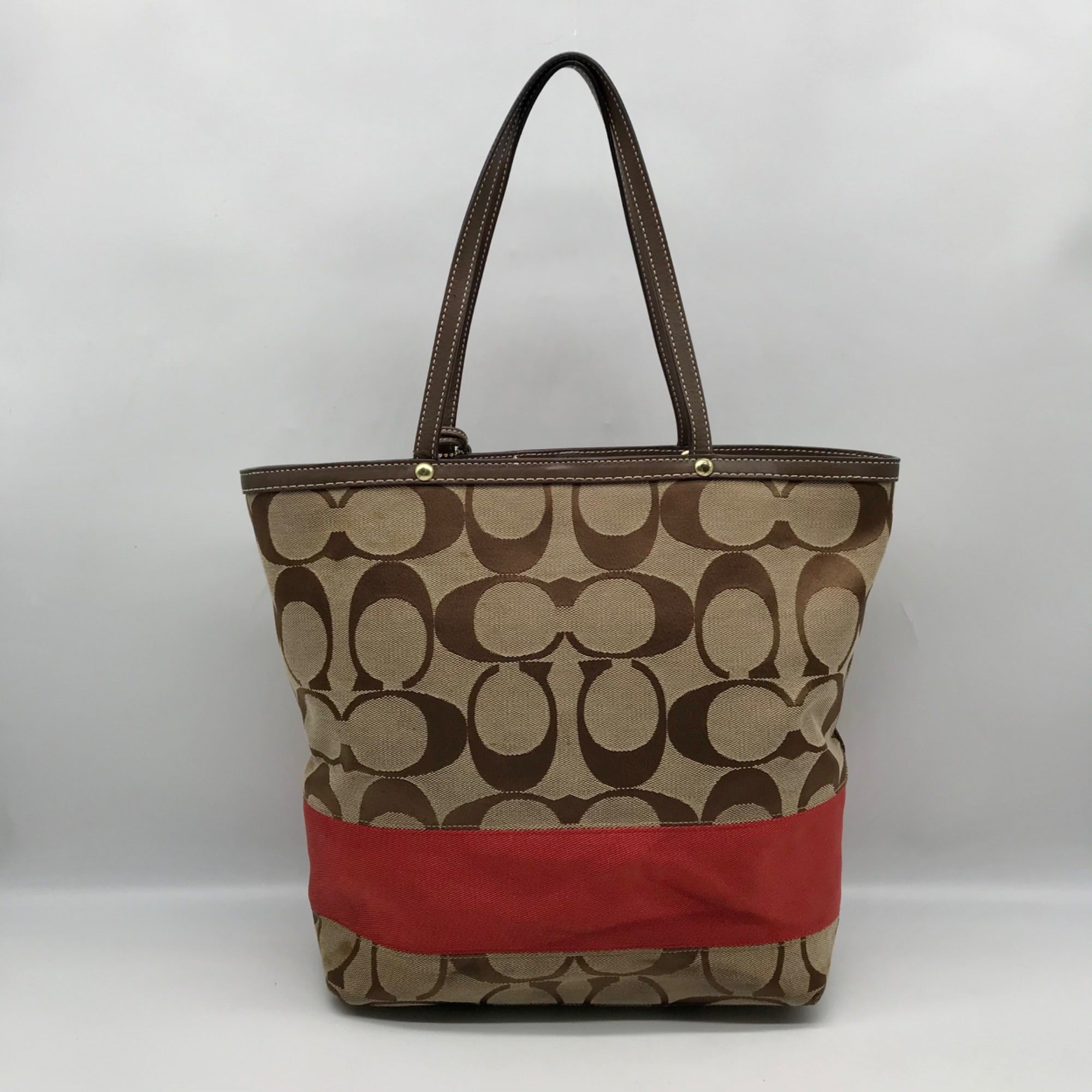 Coach Khaki &amp; Red Signature Stripe Canvas Tote Bag 10125