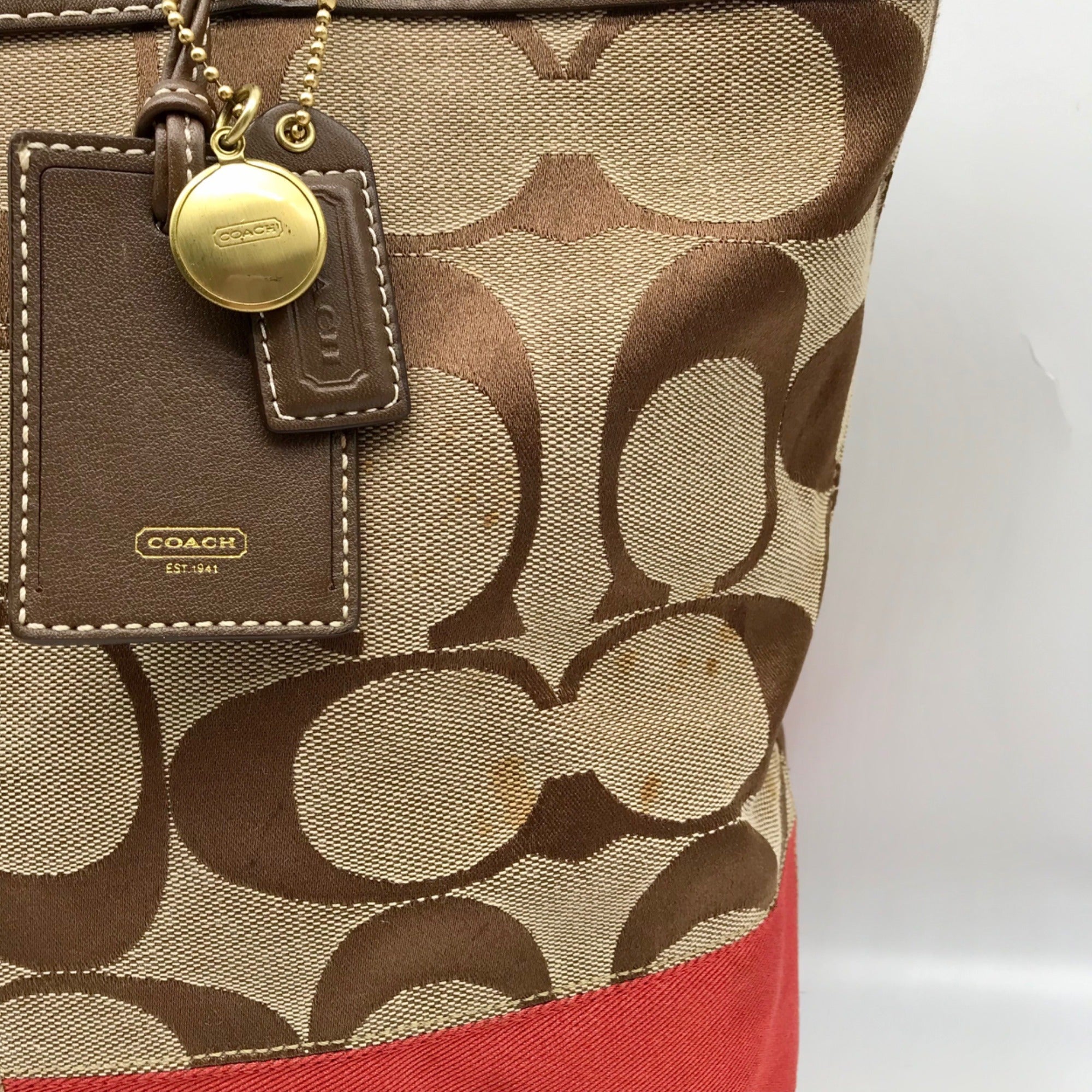 Coach Khaki &amp; Red Signature Stripe Canvas Tote Bag 10125