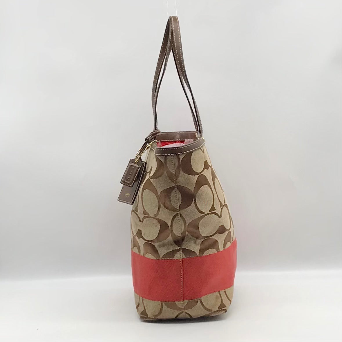 Coach Khaki &amp; Red Signature Stripe Canvas Tote Bag 10125