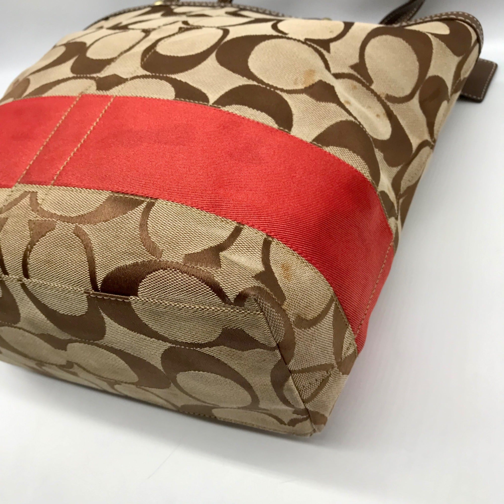 Coach Khaki &amp; Red Signature Stripe Canvas Tote Bag 10125
