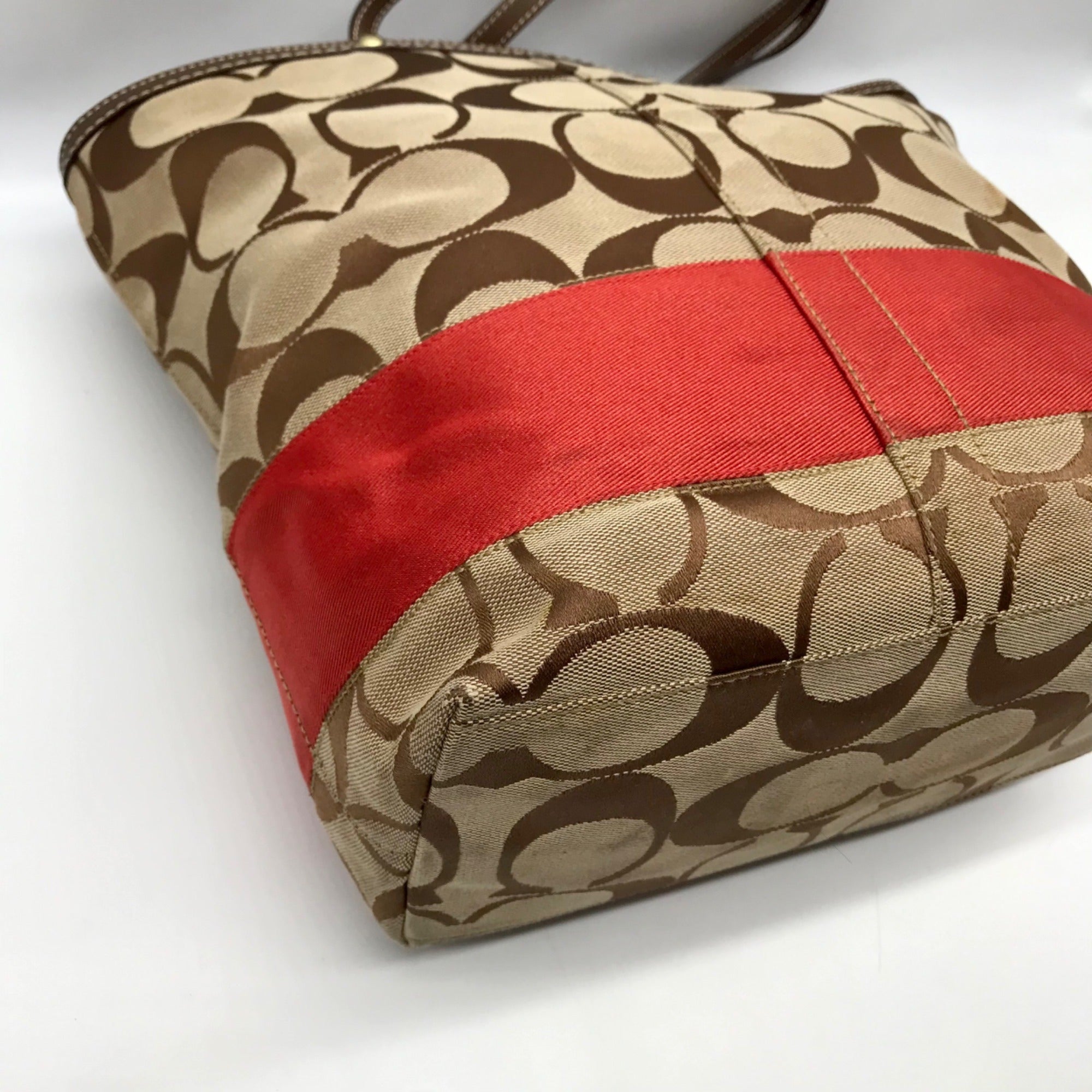 Coach Khaki &amp; Red Signature Stripe Canvas Tote Bag 10125
