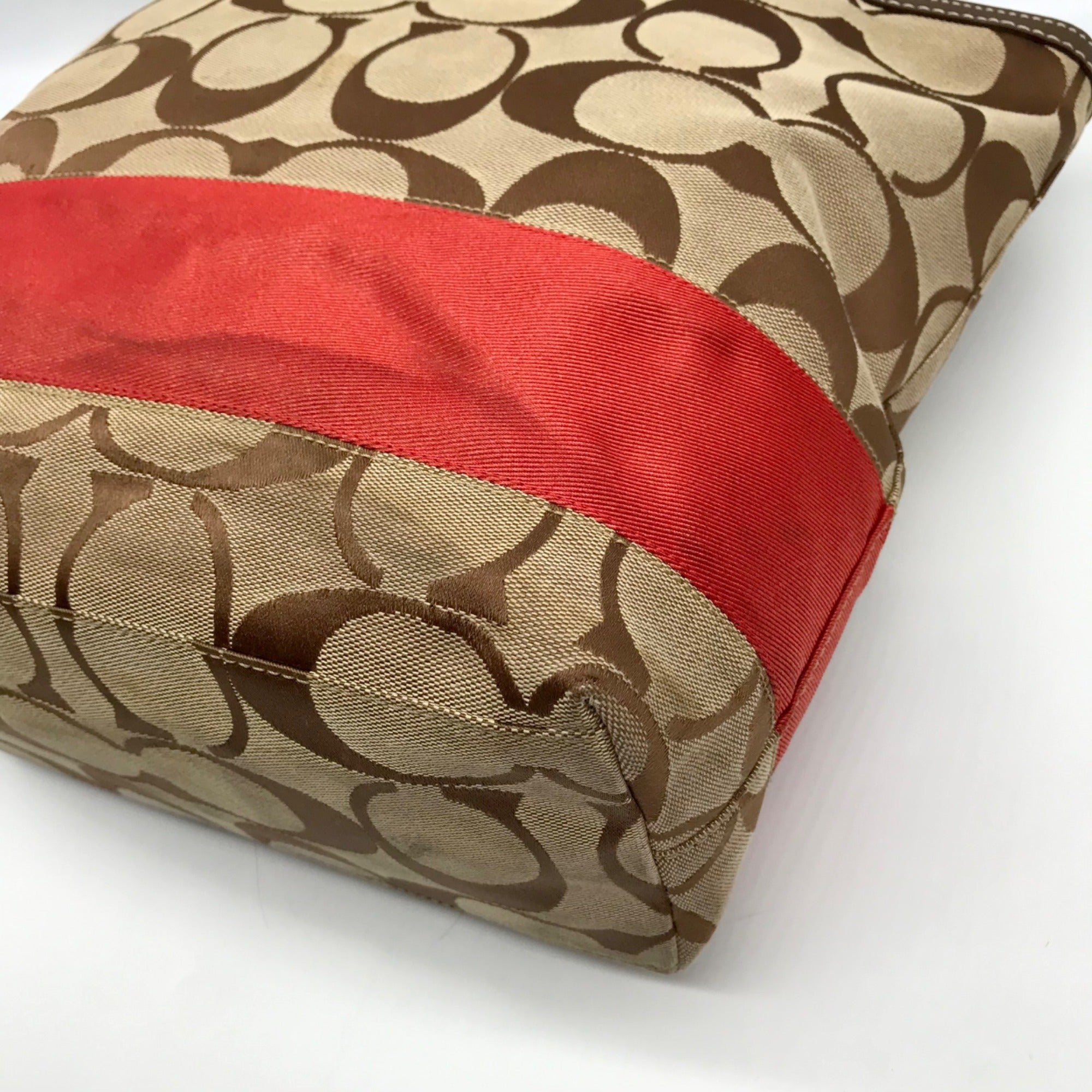 Coach Khaki &amp; Red Signature Stripe Canvas Tote Bag 10125