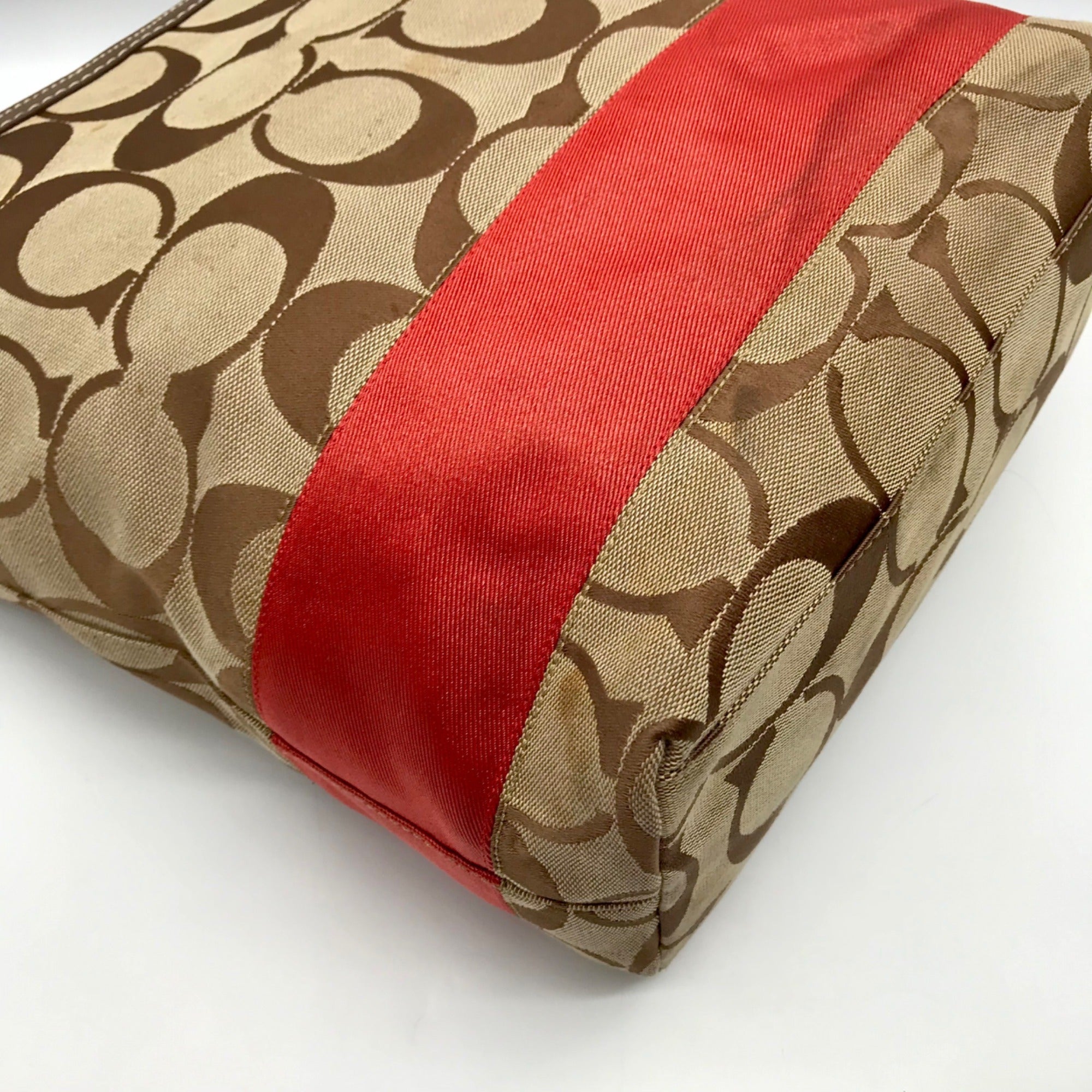Coach Khaki &amp; Red Signature Stripe Canvas Tote Bag 10125