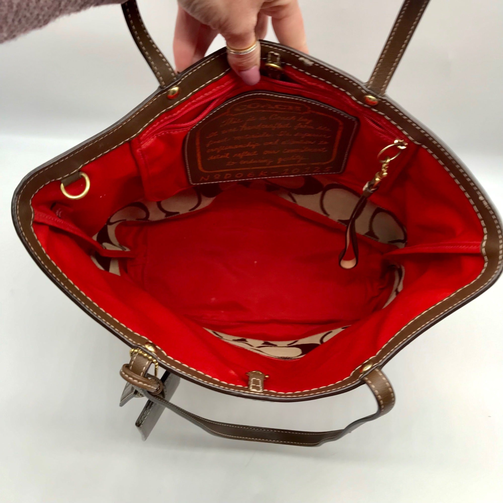 Coach Khaki &amp; Red Signature Stripe Canvas Tote Bag 10125