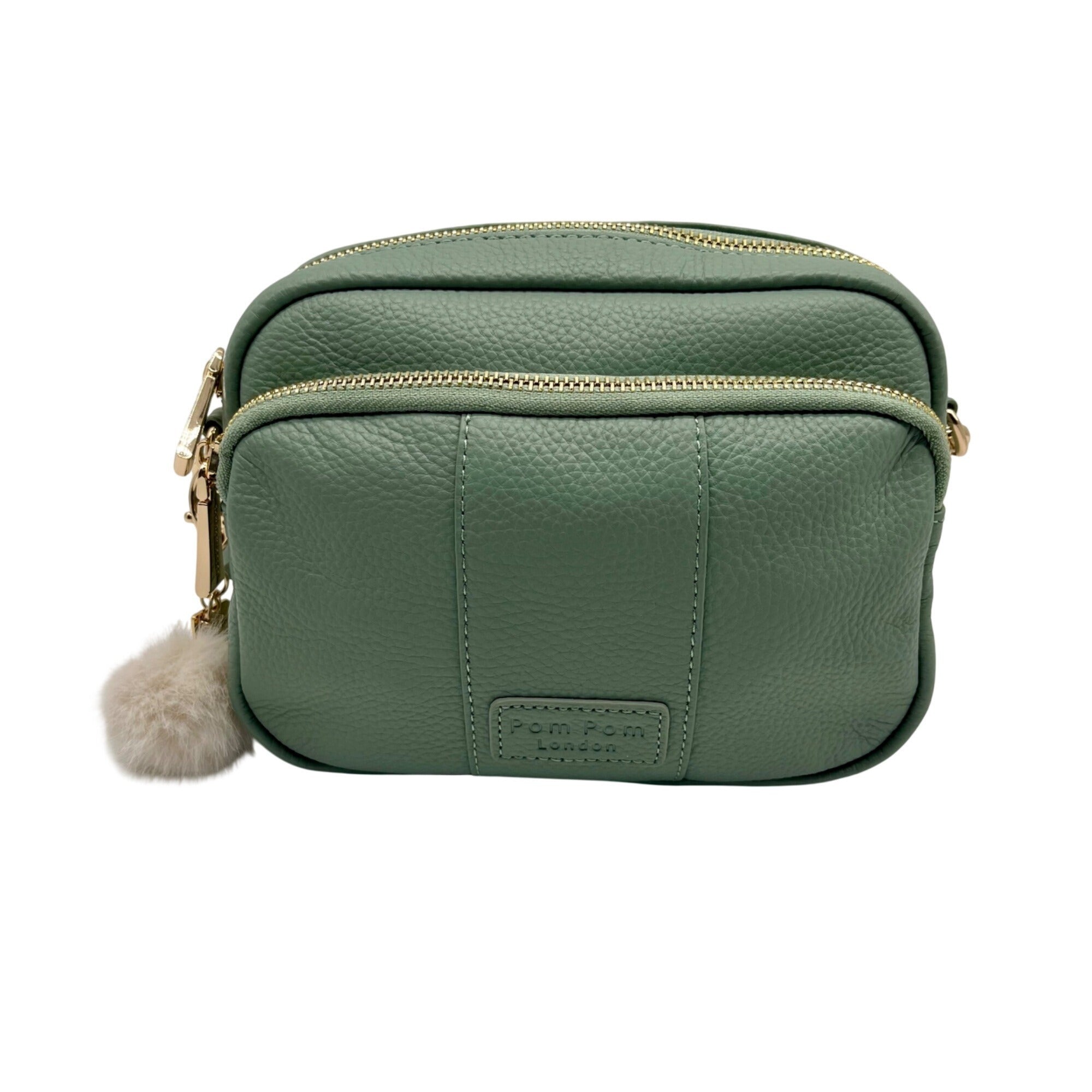 Pom Pom Green Leather Crossbody Bag