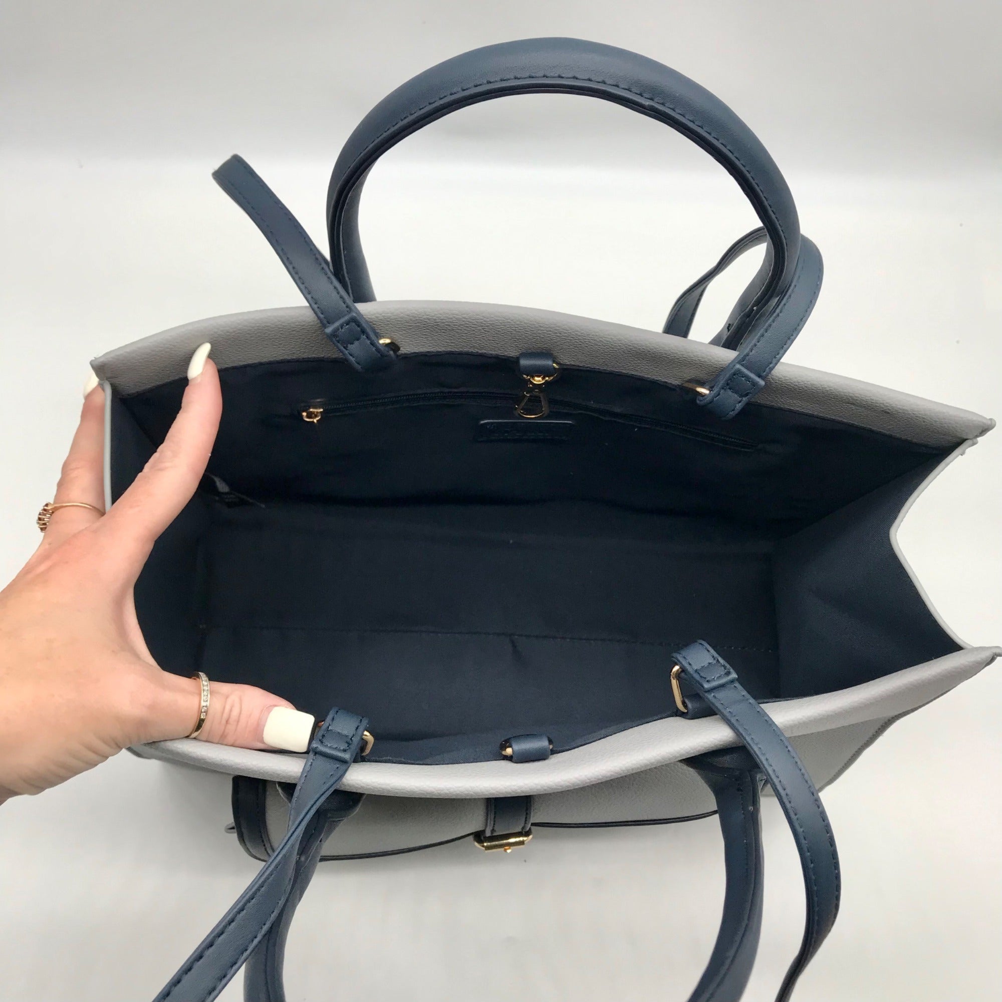 Like Dreams Navy Veda Two-Tone Buckle Medium Satchel Bag