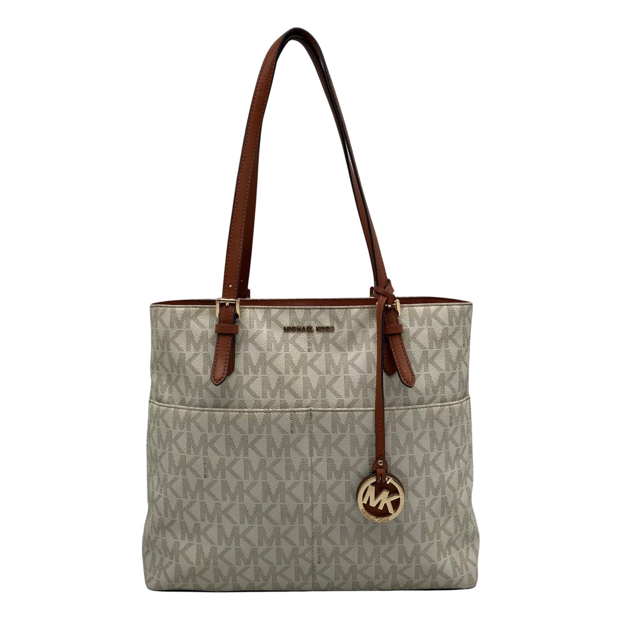 Michael Kors Vanilla And Brown Monogram Coated Canvas Bedford Tote Bag