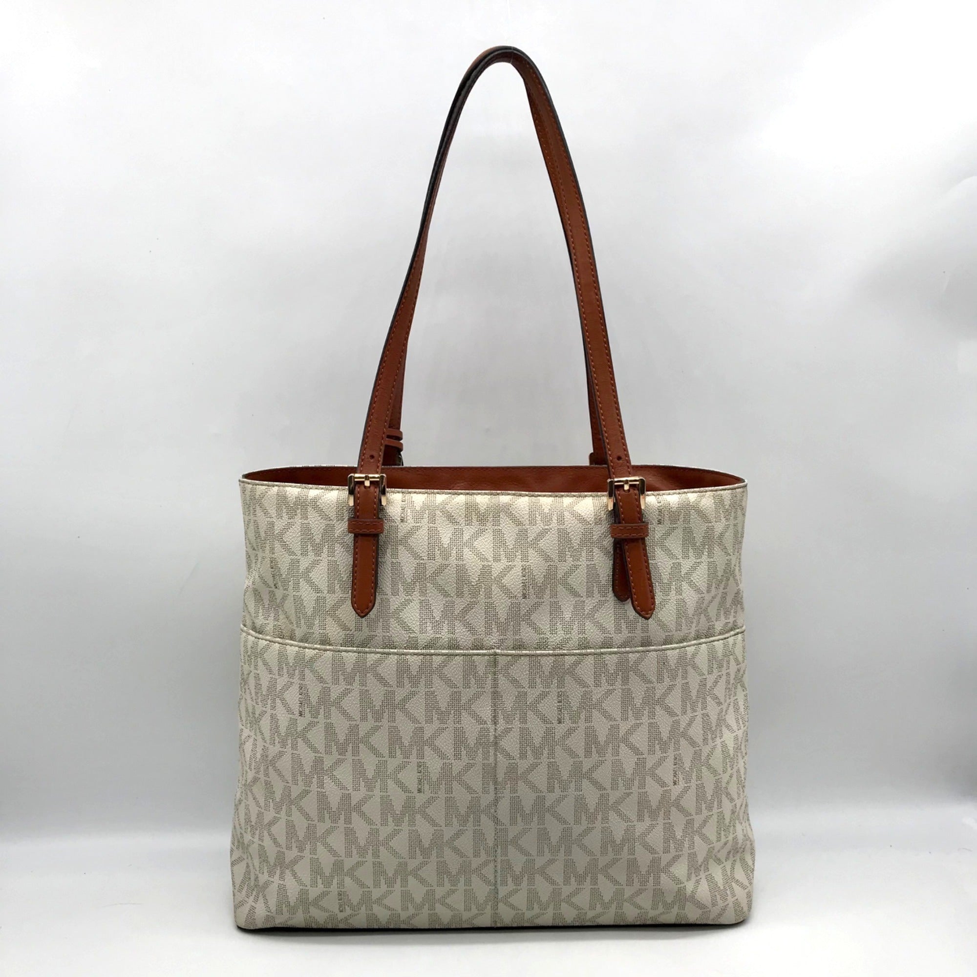 Michael Kors Vanilla And Brown Monogram Coated Canvas Bedford Tote Bag