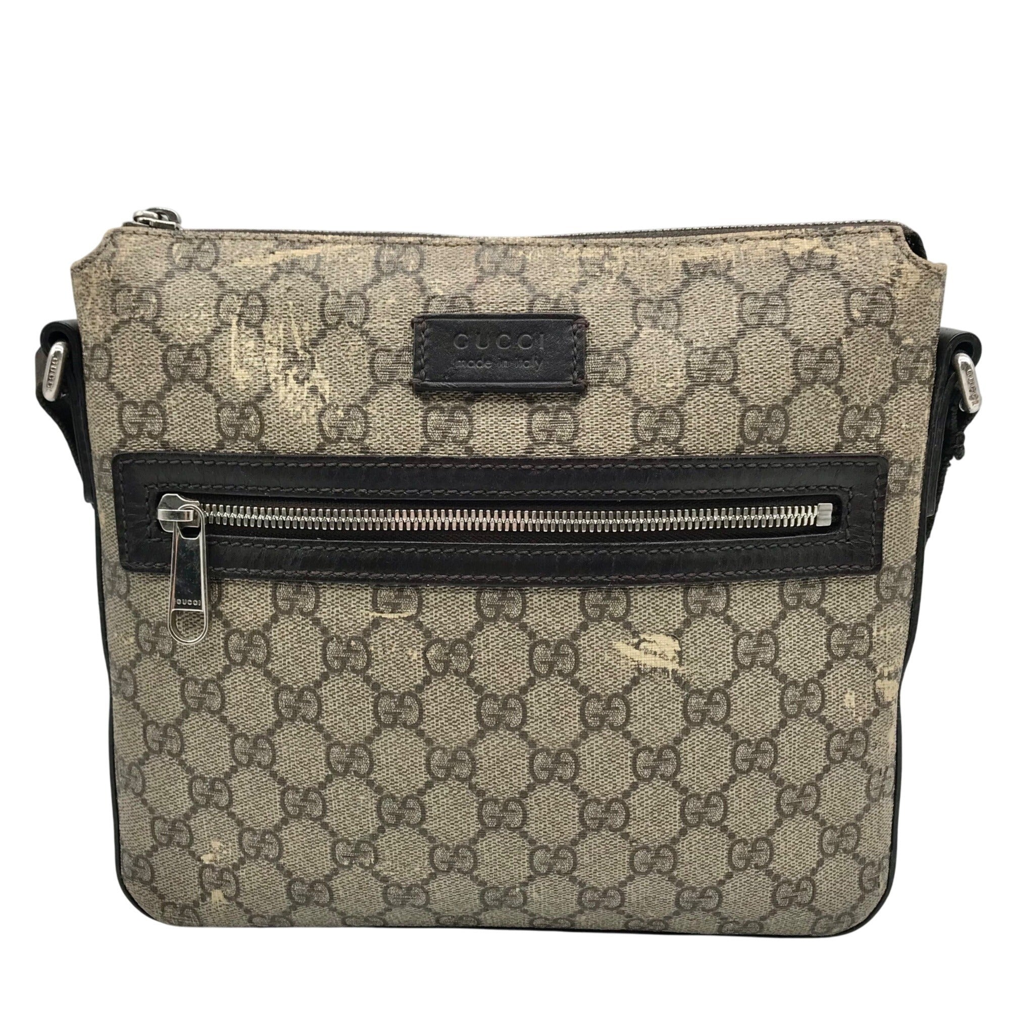 Gucci Dark Brown Leather and Signature GG Supreme Canvas Crossbody Bag
