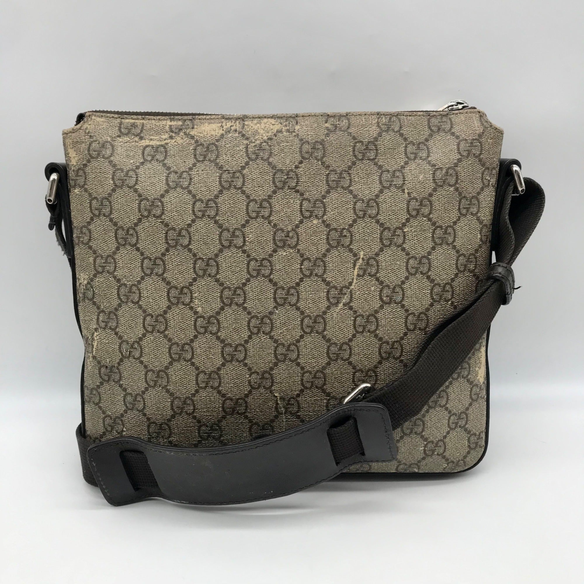 Gucci Dark Brown Leather and Signature GG Supreme Canvas Crossbody Bag