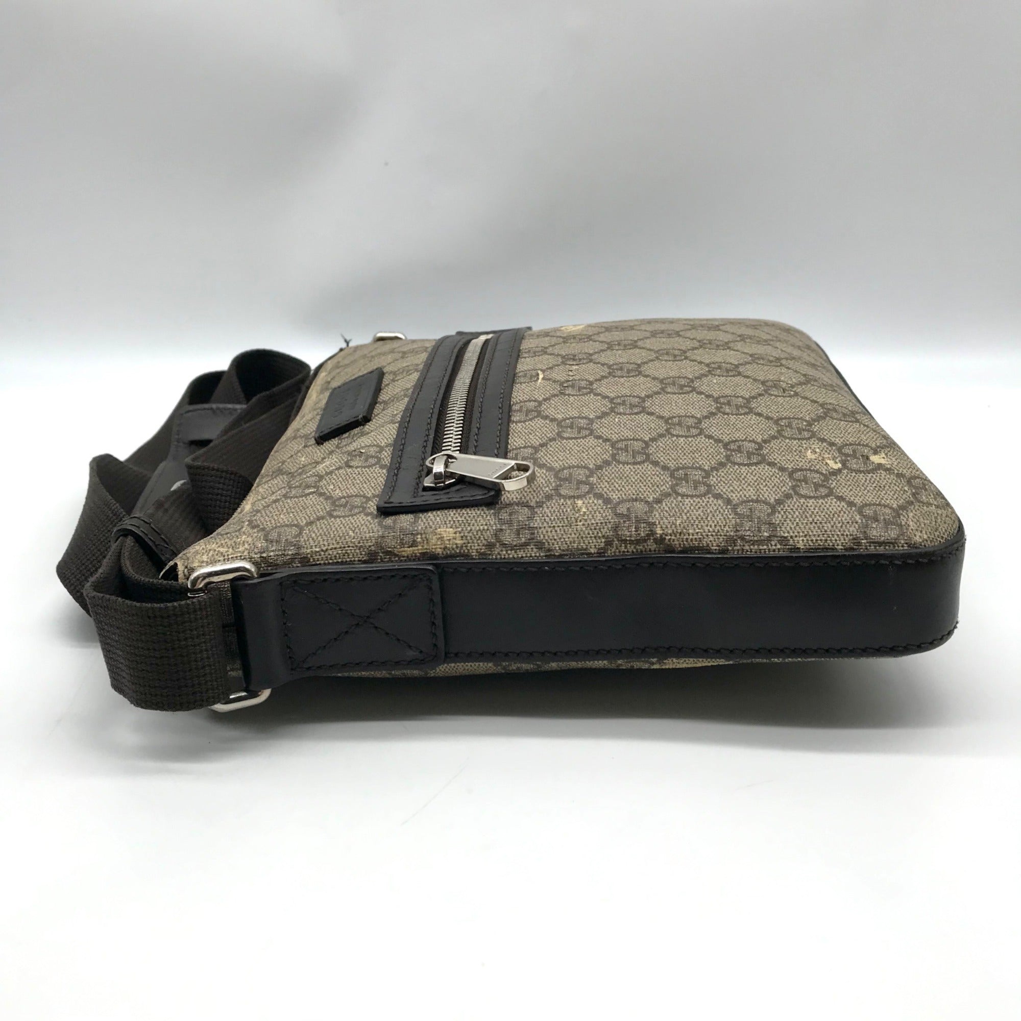 Gucci Dark Brown Leather and Signature GG Supreme Canvas Crossbody Bag