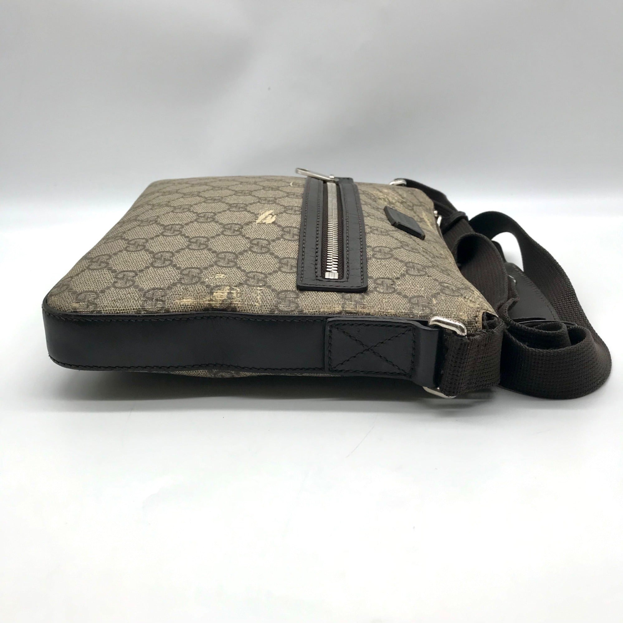 Gucci Dark Brown Leather and Signature GG Supreme Canvas Crossbody Bag
