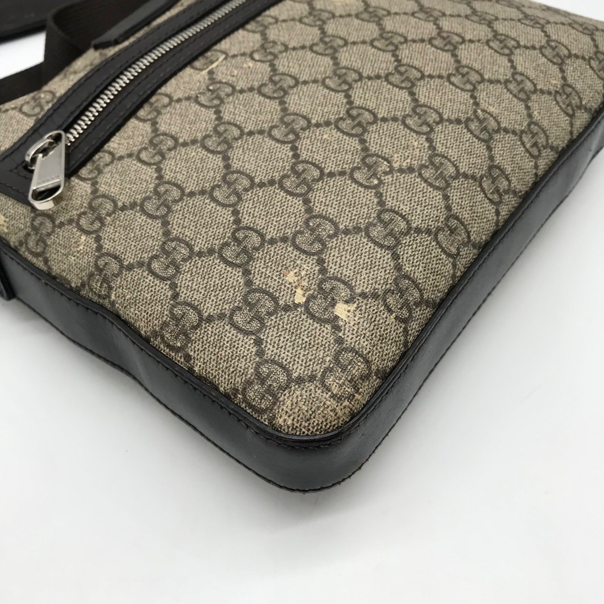 Gucci Dark Brown Leather and Signature GG Supreme Canvas Crossbody Bag