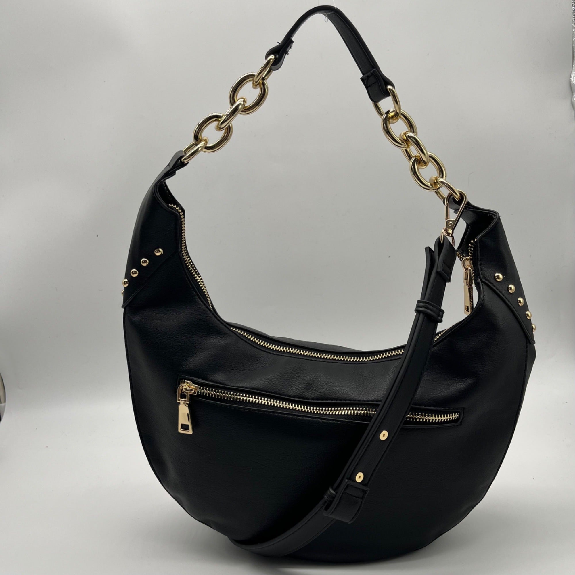 I.N.C. International Concepts Black Faux Leather Giannaa Medium Stud Hobo Bag