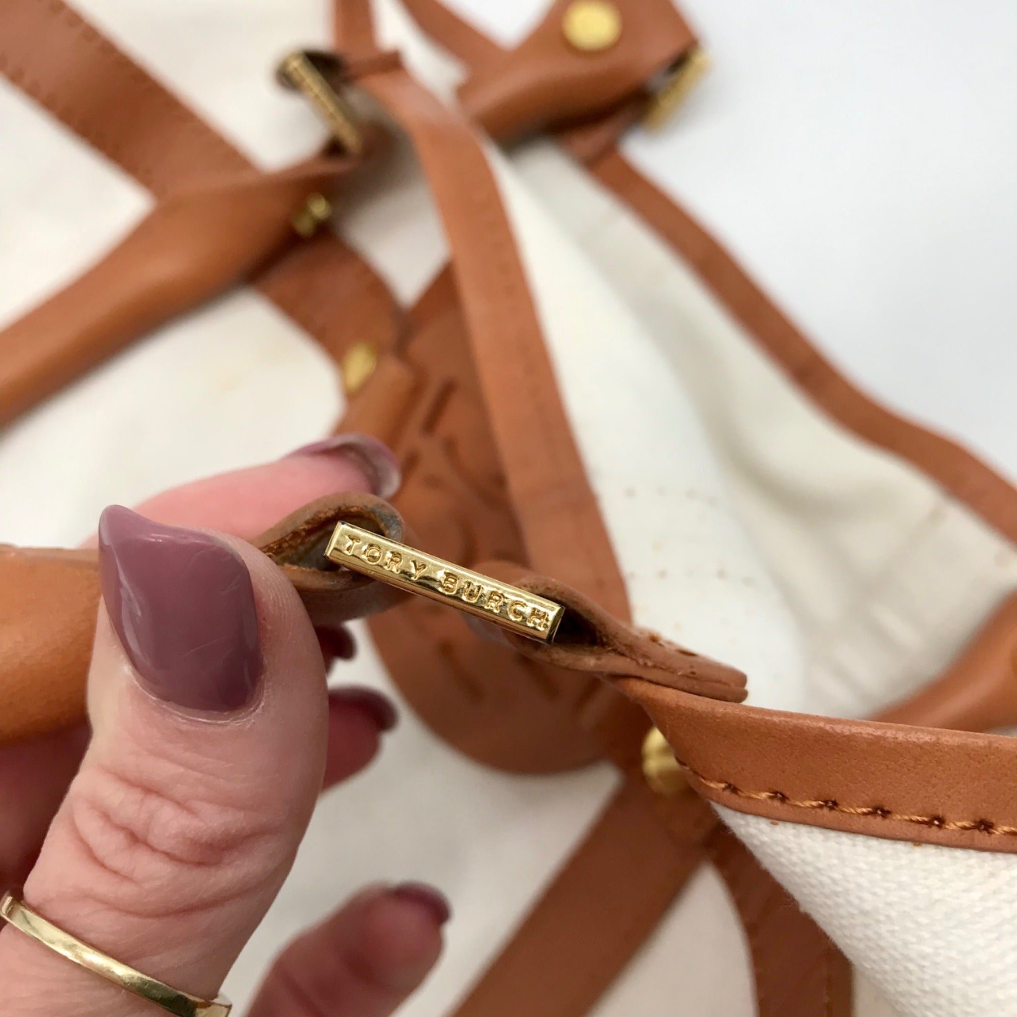 Tory Burch Ivory And Brown Canvas &amp; Leather North South Tote Bag