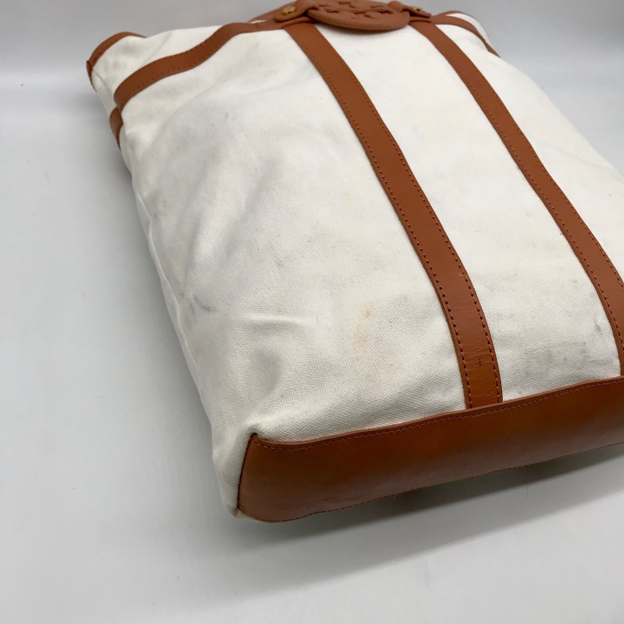 Tory Burch Ivory And Brown Canvas &amp; Leather North South Tote Bag