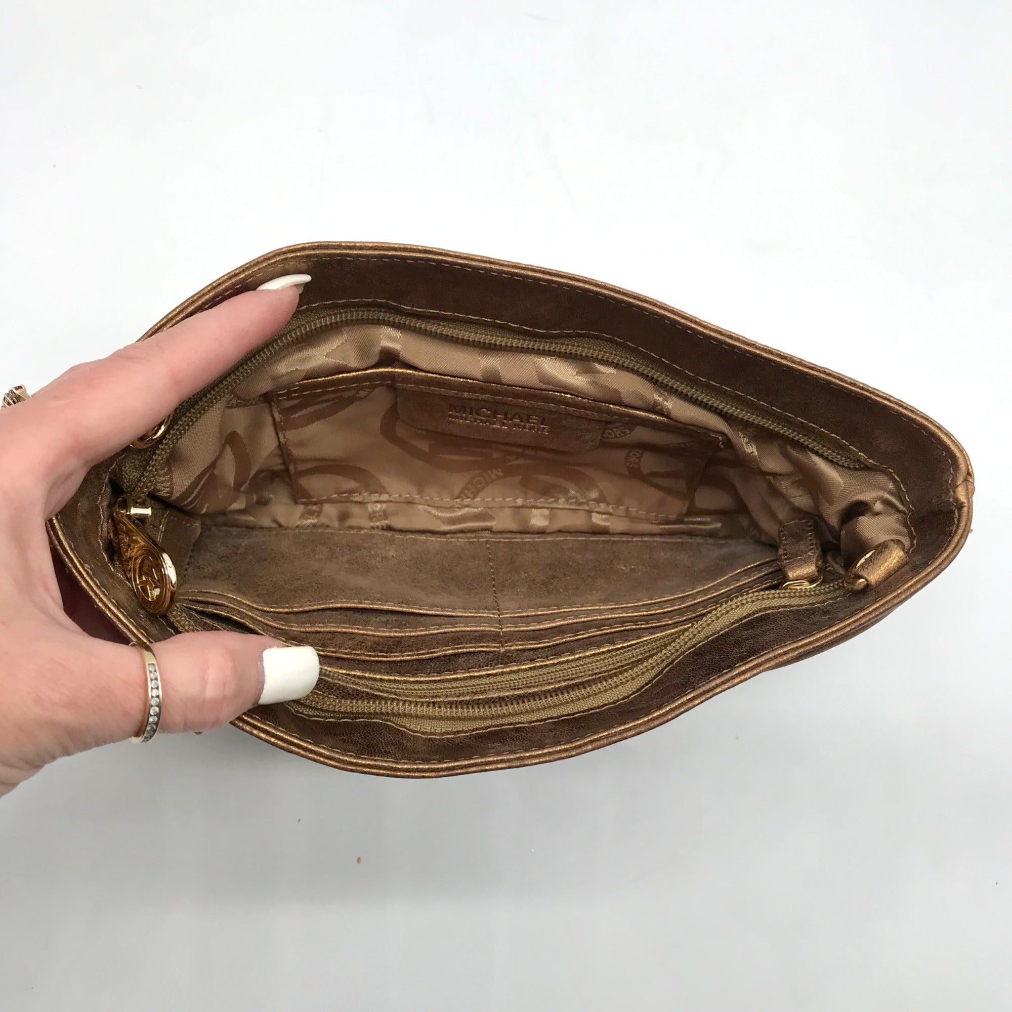 Michael Kors Bronze Leather Ruched Clutch Bag