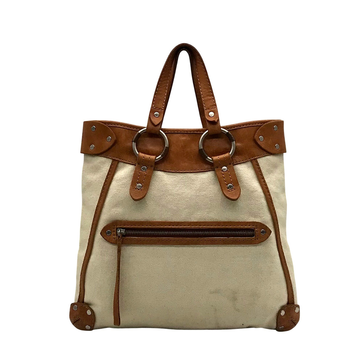 Ruehl No. 925 Off White Canvas Brown Leather Tote Bag