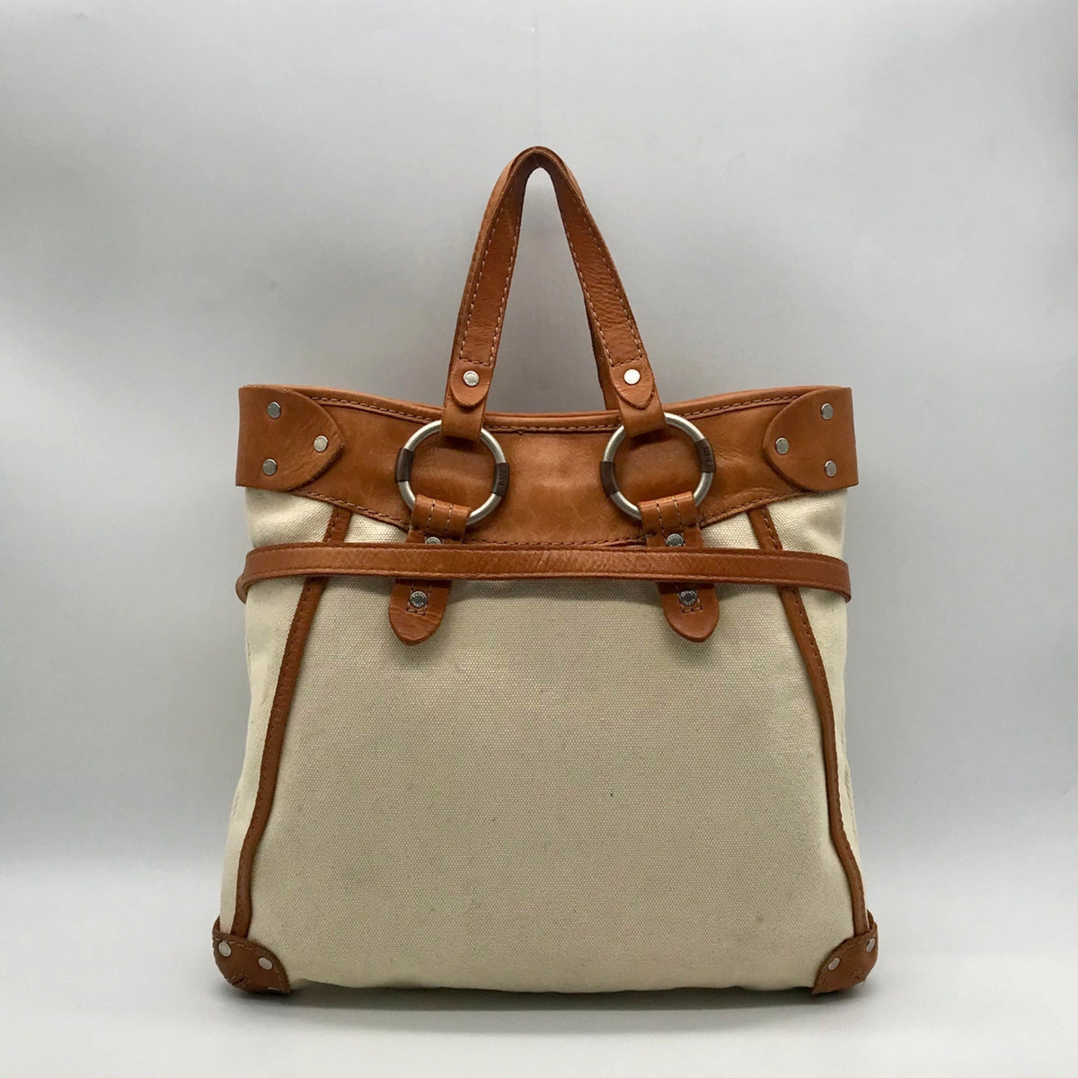 Ruehl No. 925 Off White Canvas Brown Leather Tote Bag