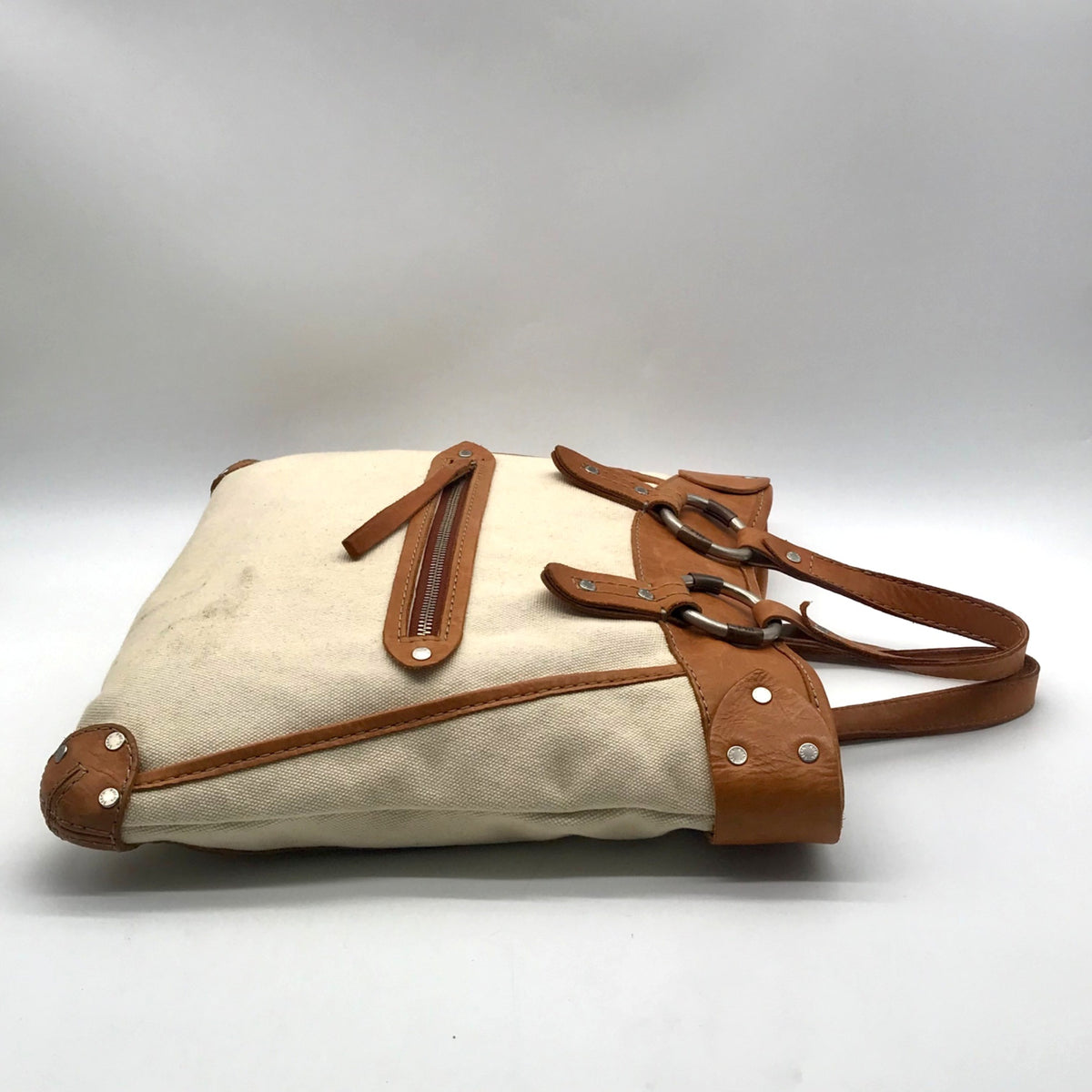Ruehl No. 925 Off White Canvas Brown Leather Tote Bag