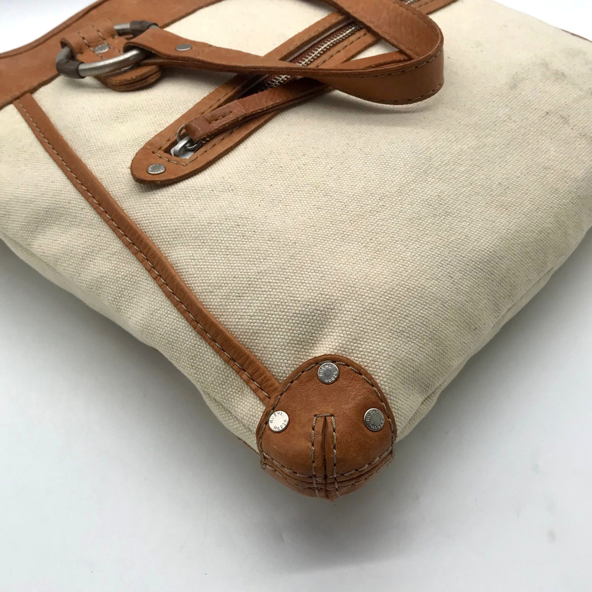 Ruehl No. 925 Off White Canvas Brown Leather Tote Bag