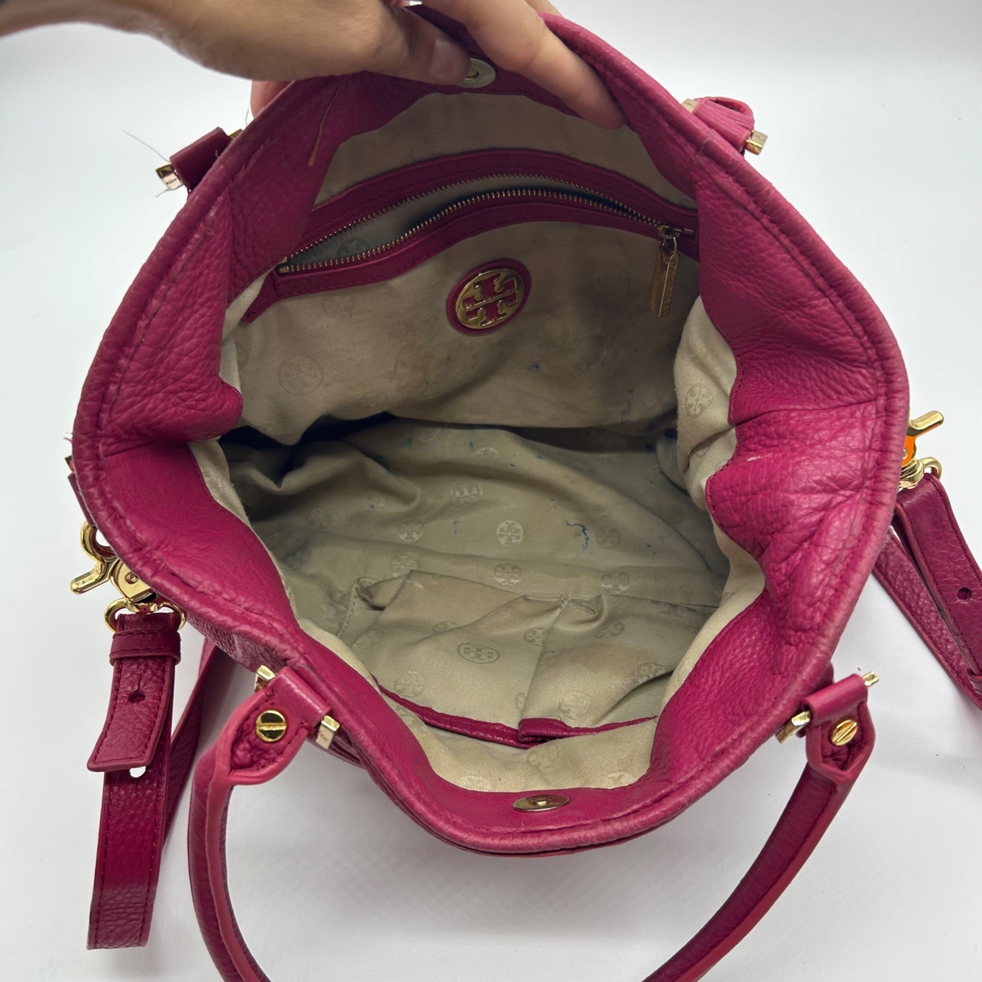 Tory Burch Amanda Magenta Pink Pebbled Leather Hobo Bag