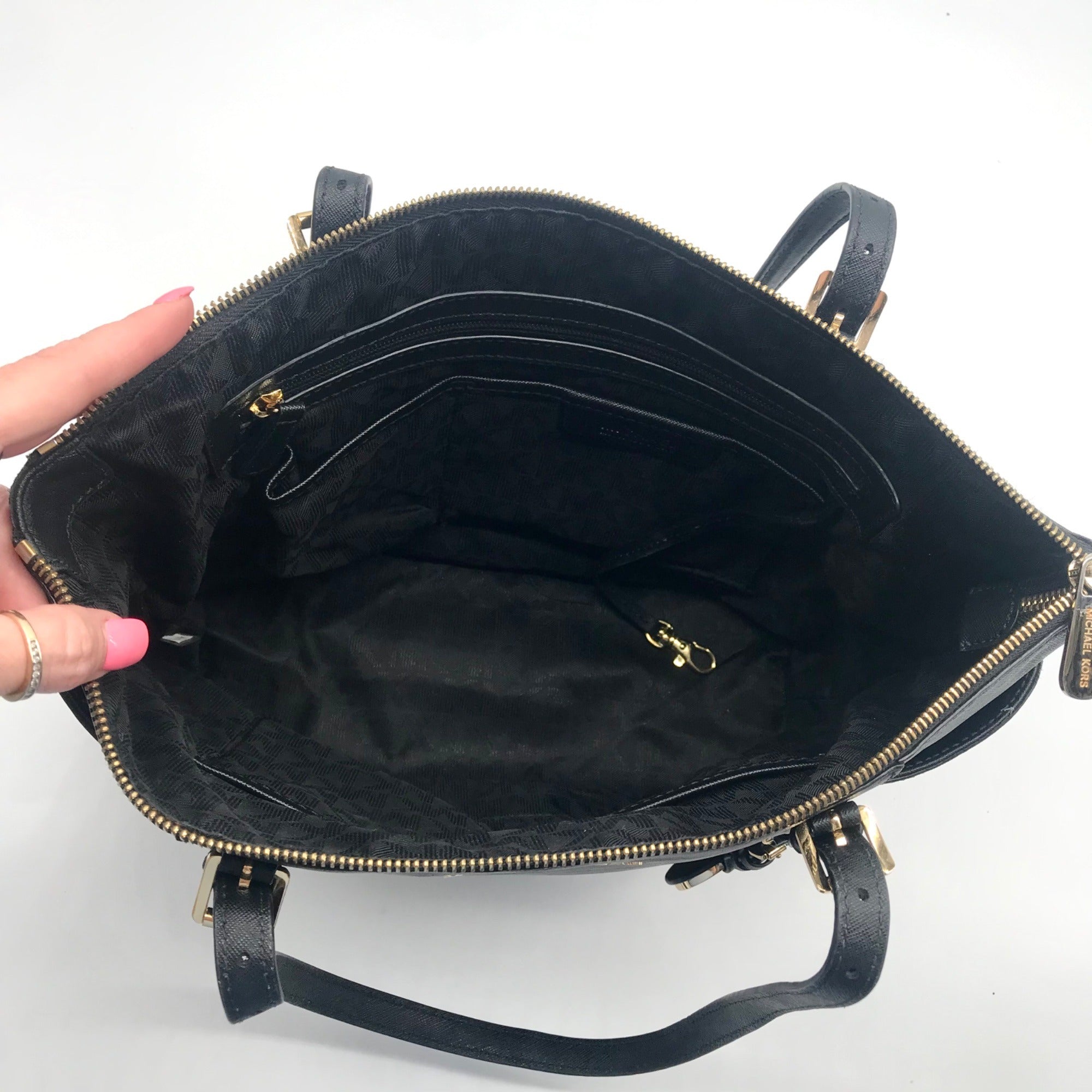 Michael Kors Black Saffiano Leather Charlotte Top-Zip Tote Bag