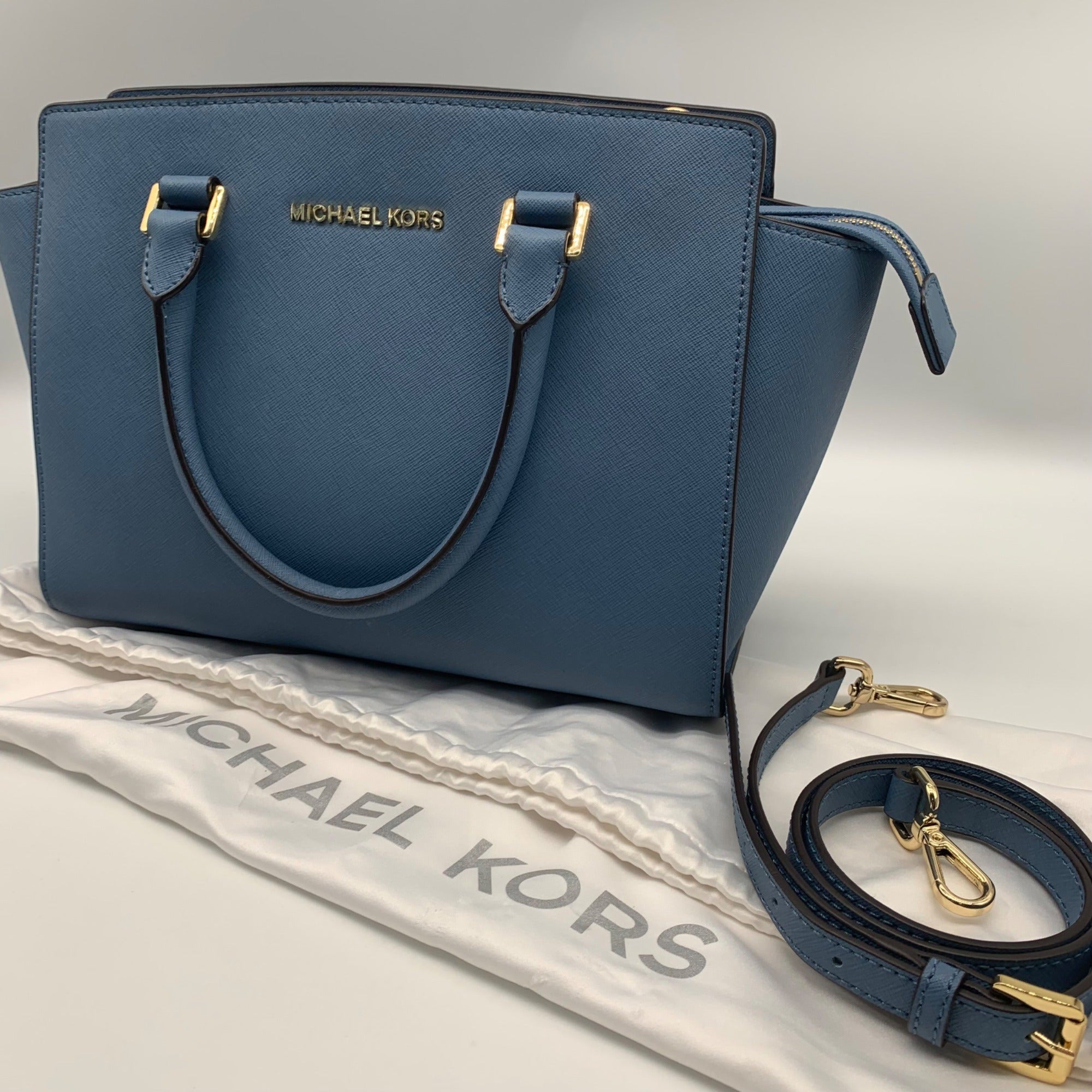 Michael Kors Blue Saffiano Leather Selma Crossbody Satchel