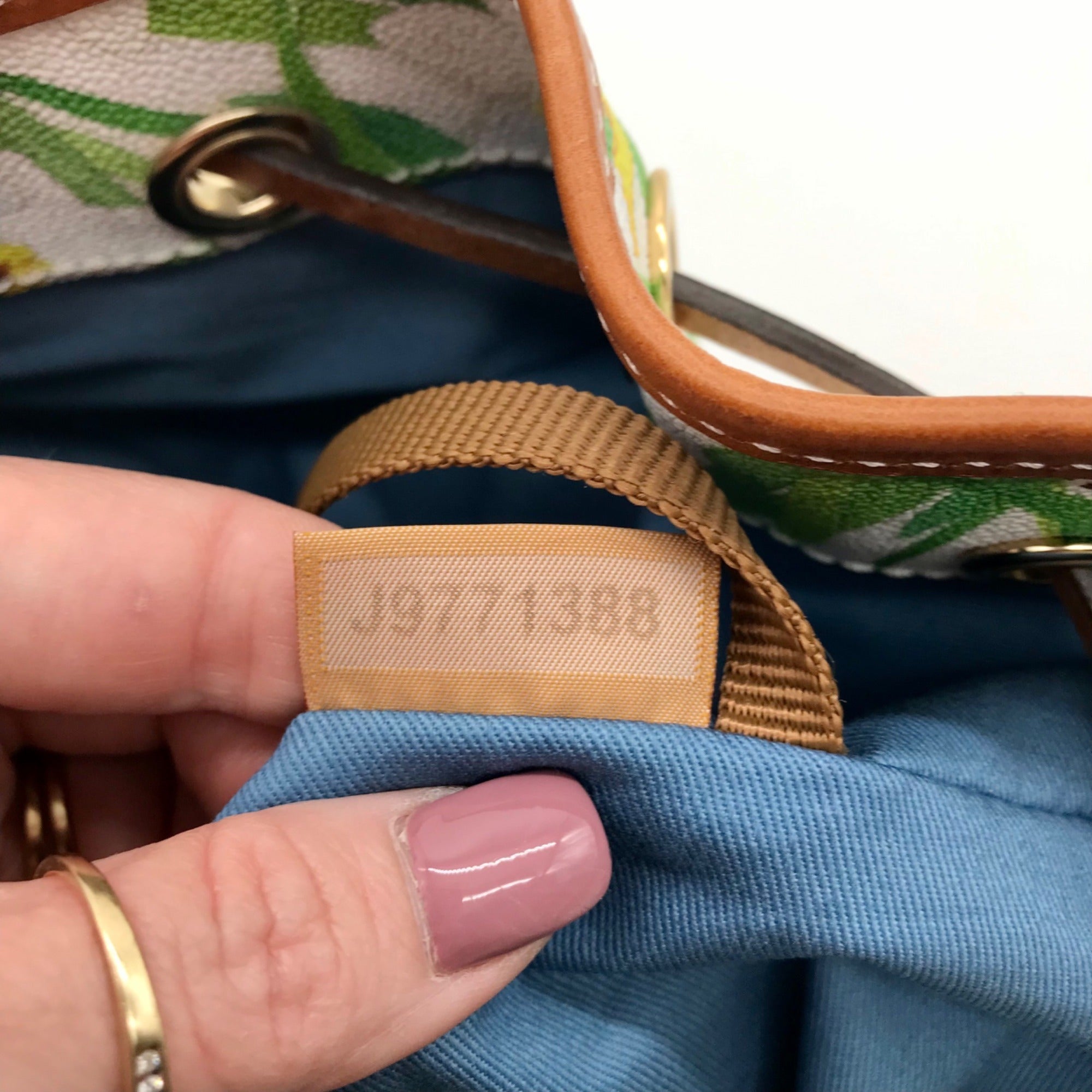 Dooney &amp; Bourke Green and White Coated Canvas Daffodil Drawstring Bag With Matching Wristlet