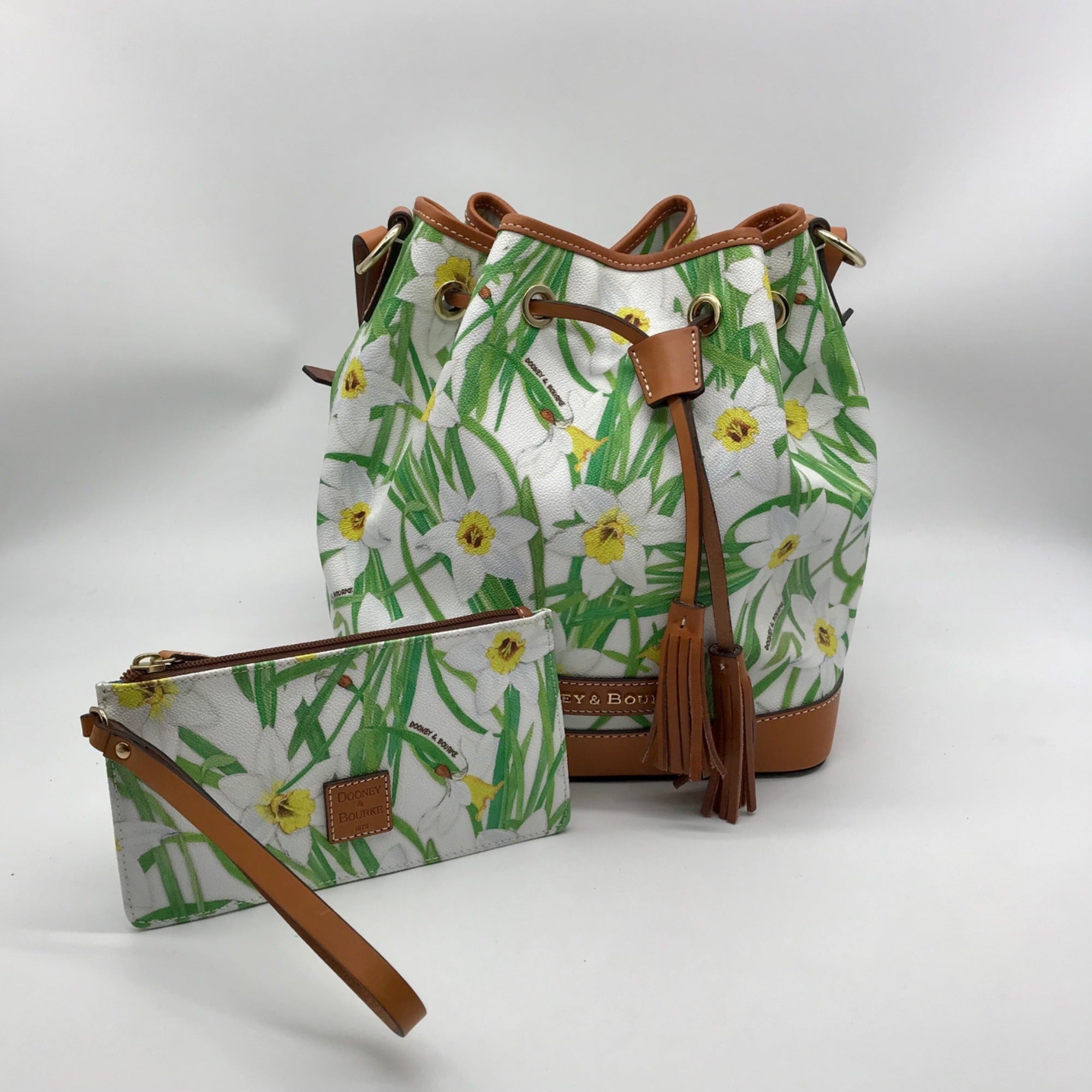 Dooney &amp; Bourke Green and White Coated Canvas Daffodil Drawstring Bag With Matching Wristlet