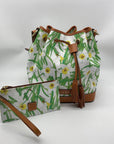 Dooney & Bourke Green and White Coated Canvas Daffodil Drawstring Bag With Matching Wristlet