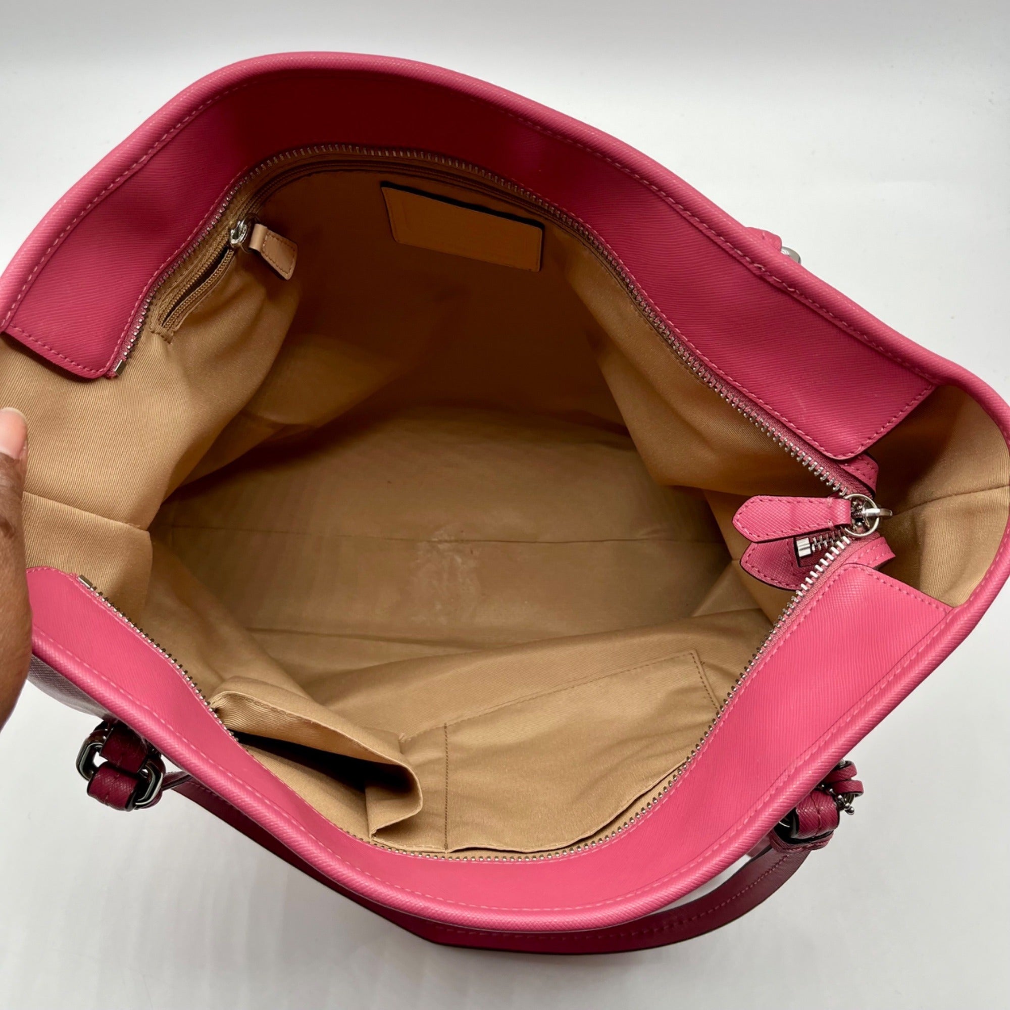 Coach Pink Saffiano Leather Zip Top Tote Bag F27349