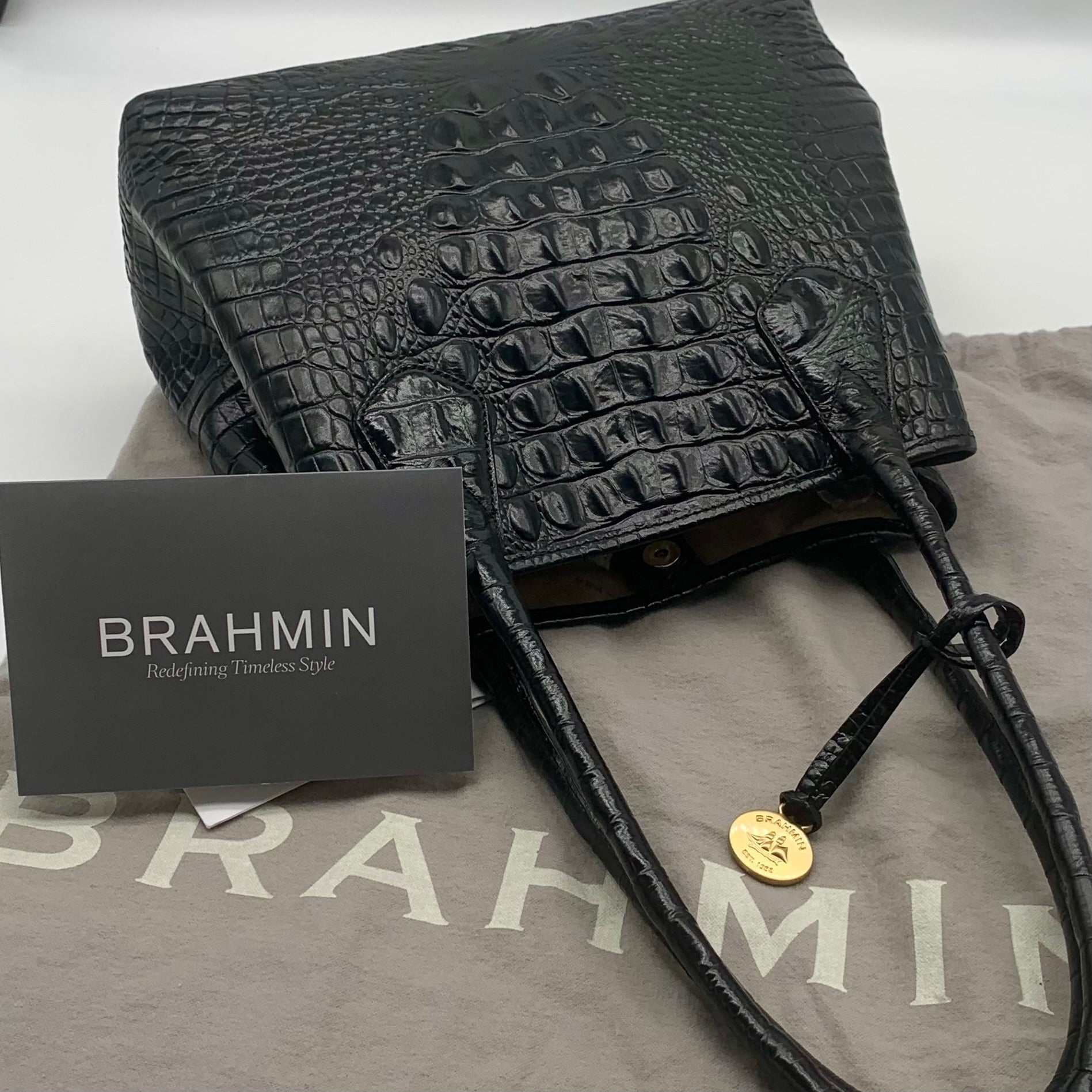 Brahmin Black Leather Croc Embossed Anytime Tote