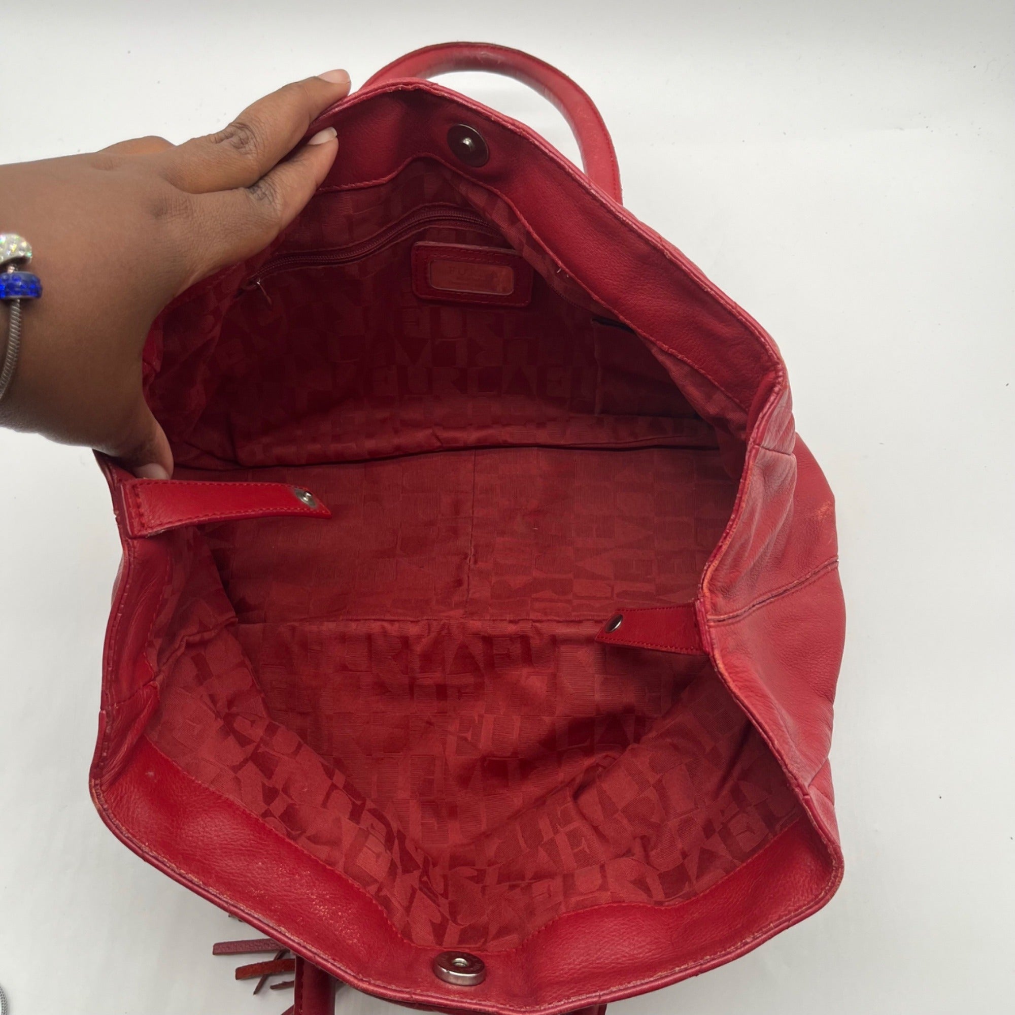 Red Furla Quilted Pebbled Leather Tote Bag