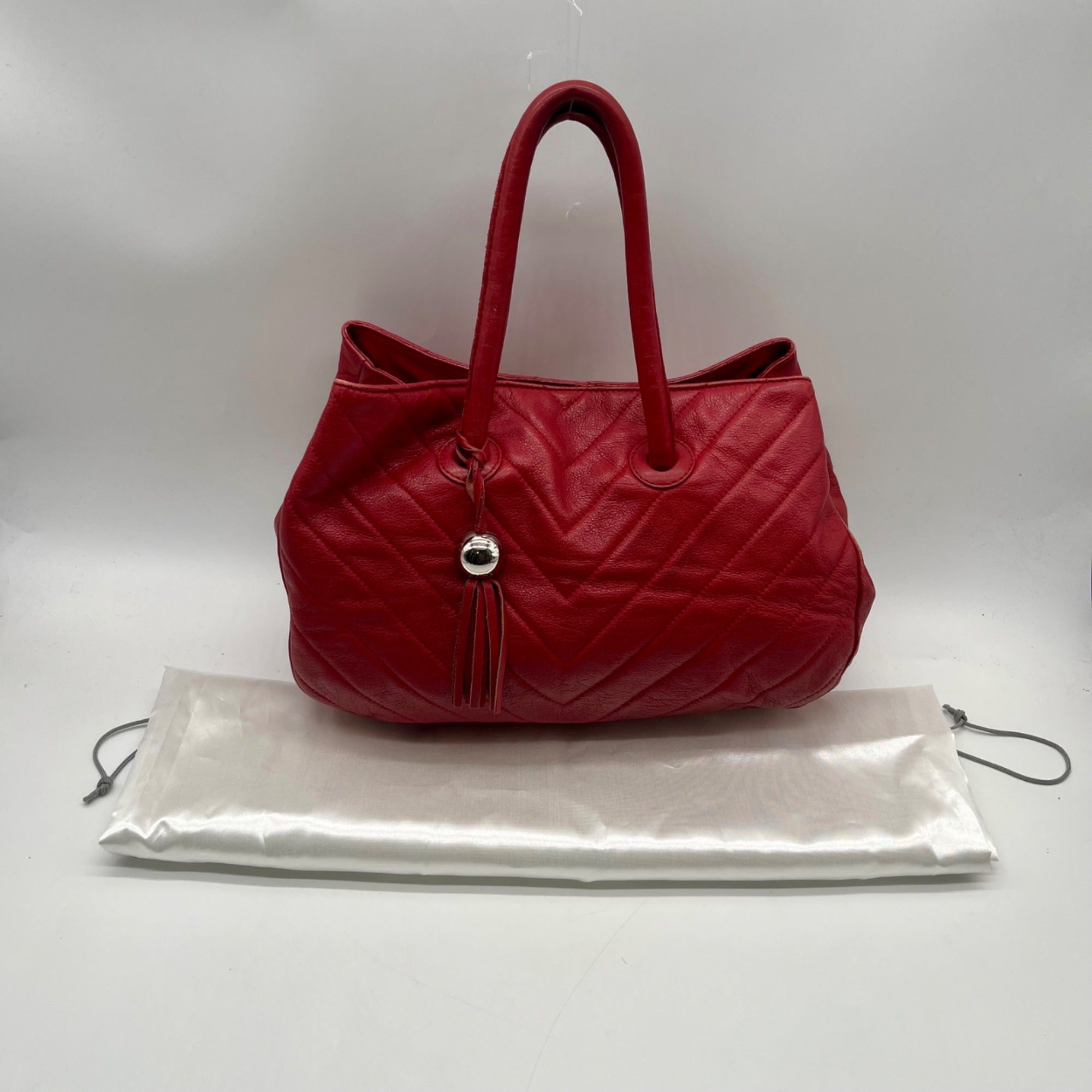 Red Furla Quilted Pebbled Leather Tote Bag