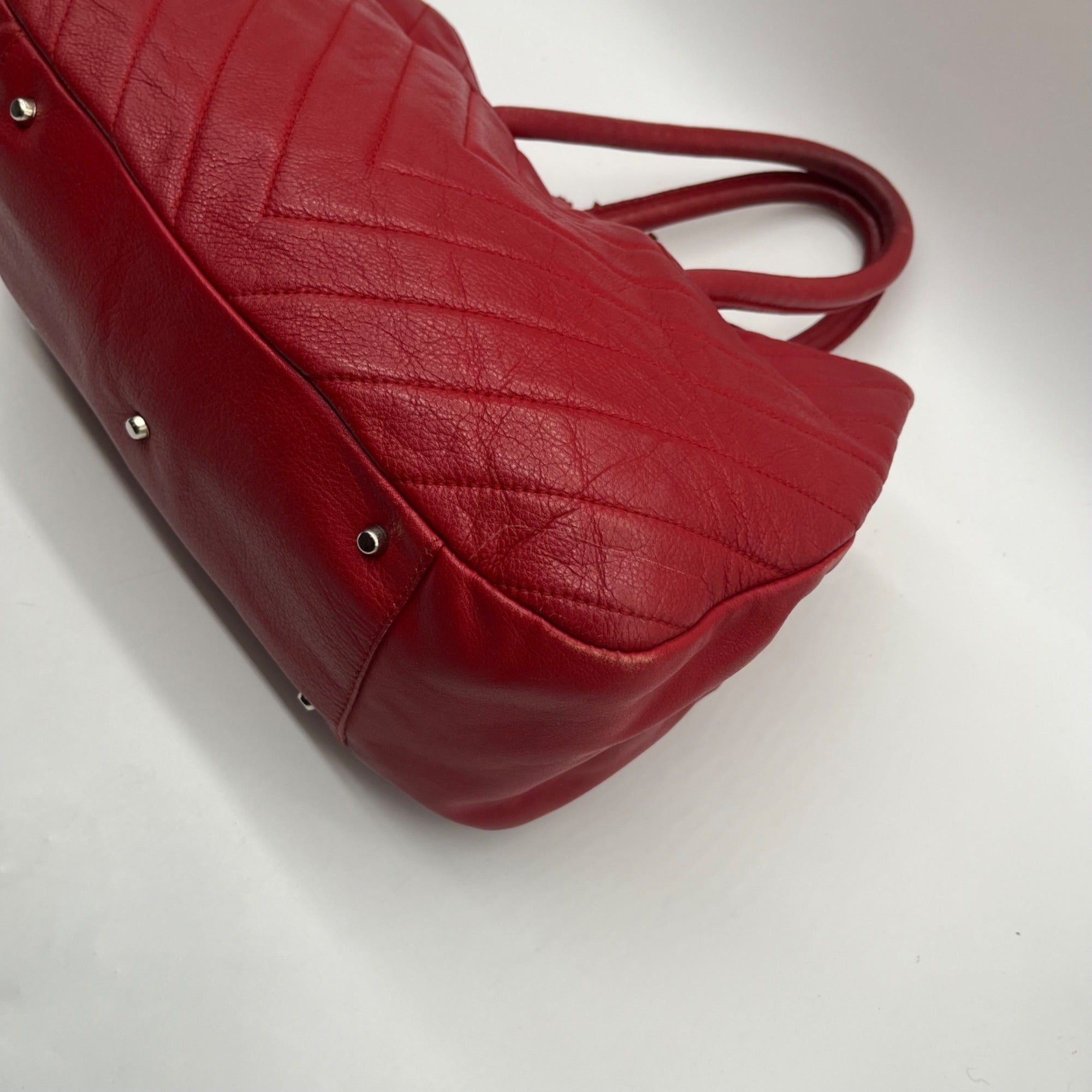 Red Furla Quilted Pebbled Leather Tote Bag