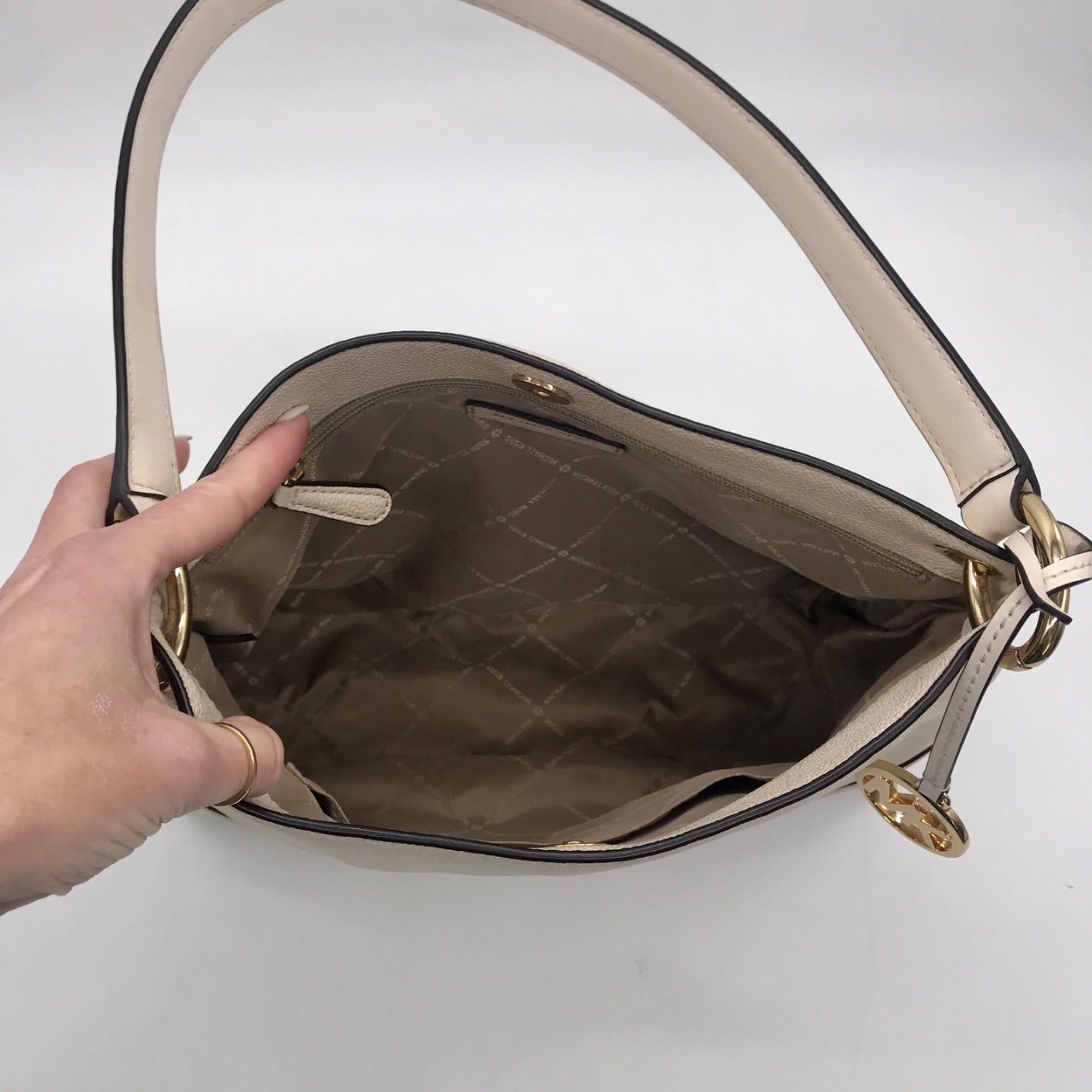 Michael Kors Beige Pebbled Leather Nicole Medium Shoulder Bag