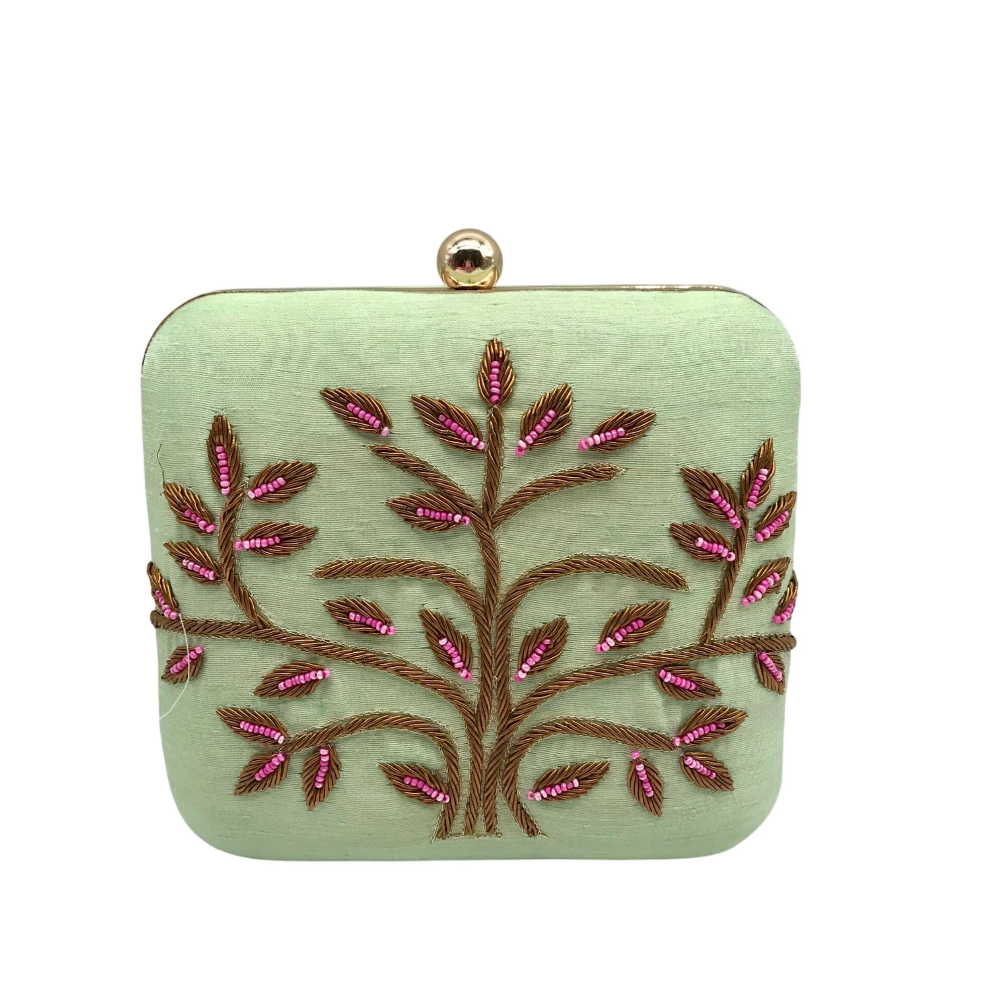 Singhvis Pink & Green Embroidered Fabric Fall Convertible Clutch 