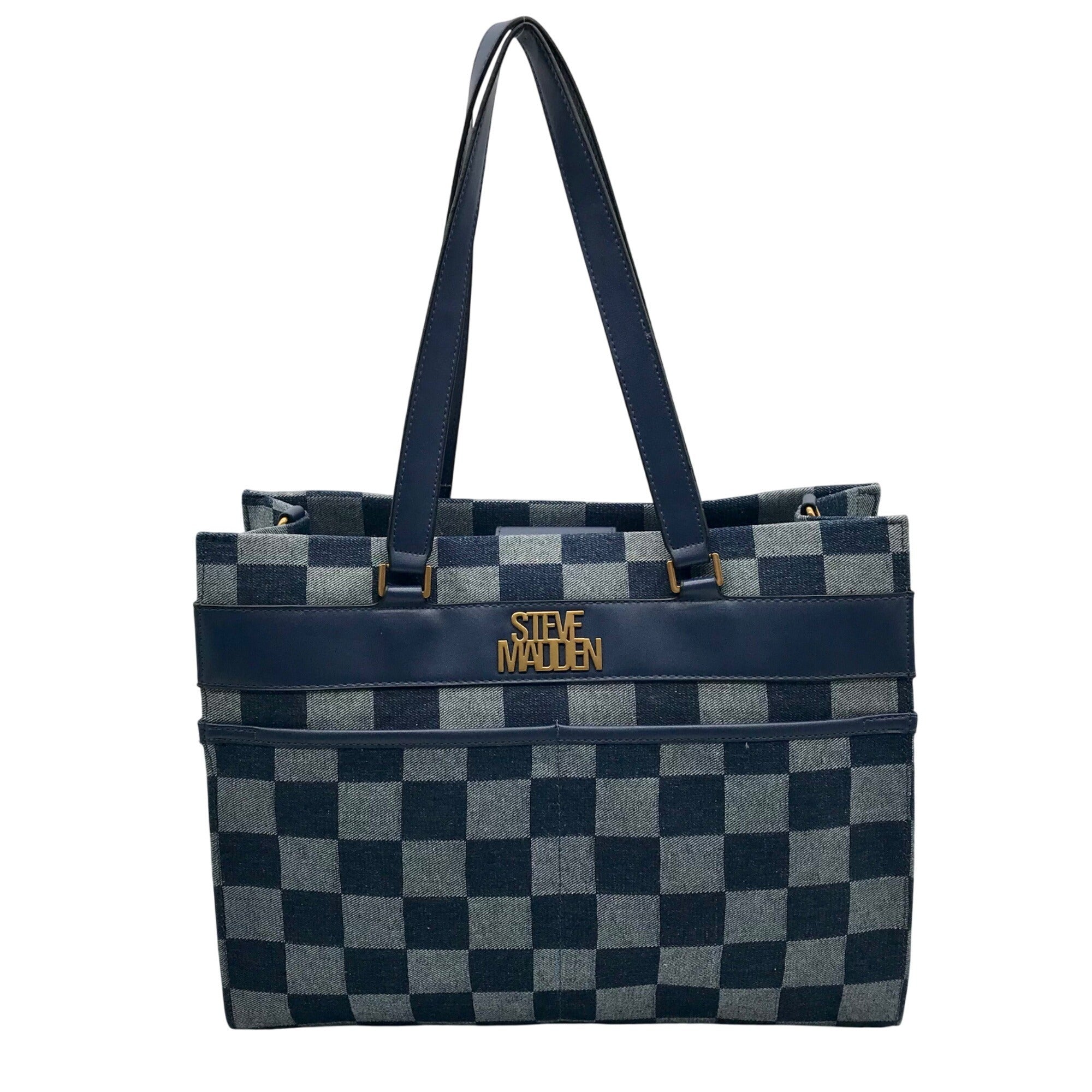 Steven Madden Denim Checkered Blivia Tote Bag With Convertible Pouch 