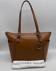 Michael Kors Jet Set East West Top Zipper Tan Coated Canvas Tote Bag