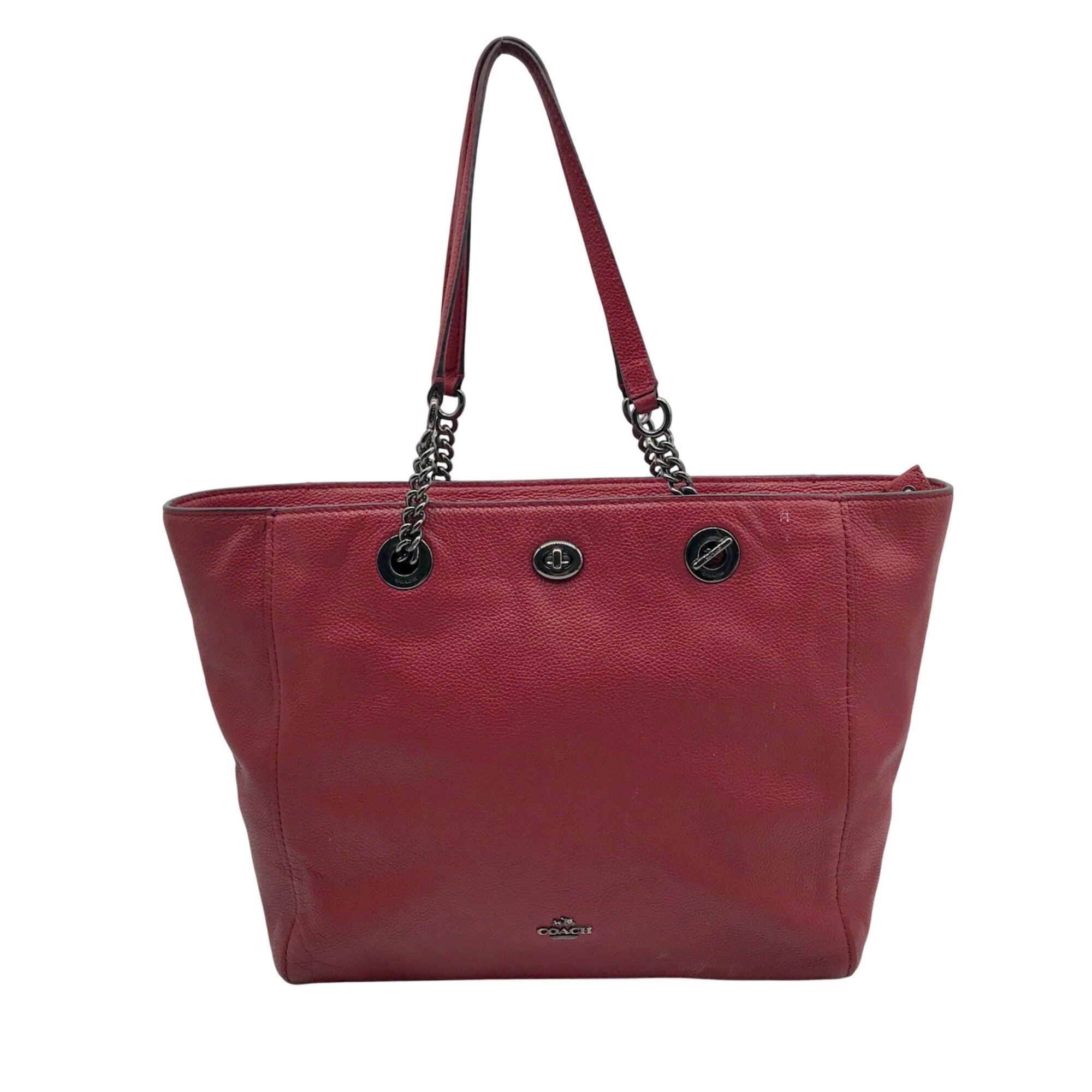 Coach Dark Red Pebbled Leather Turnlock Chain Tote Bag 56830
