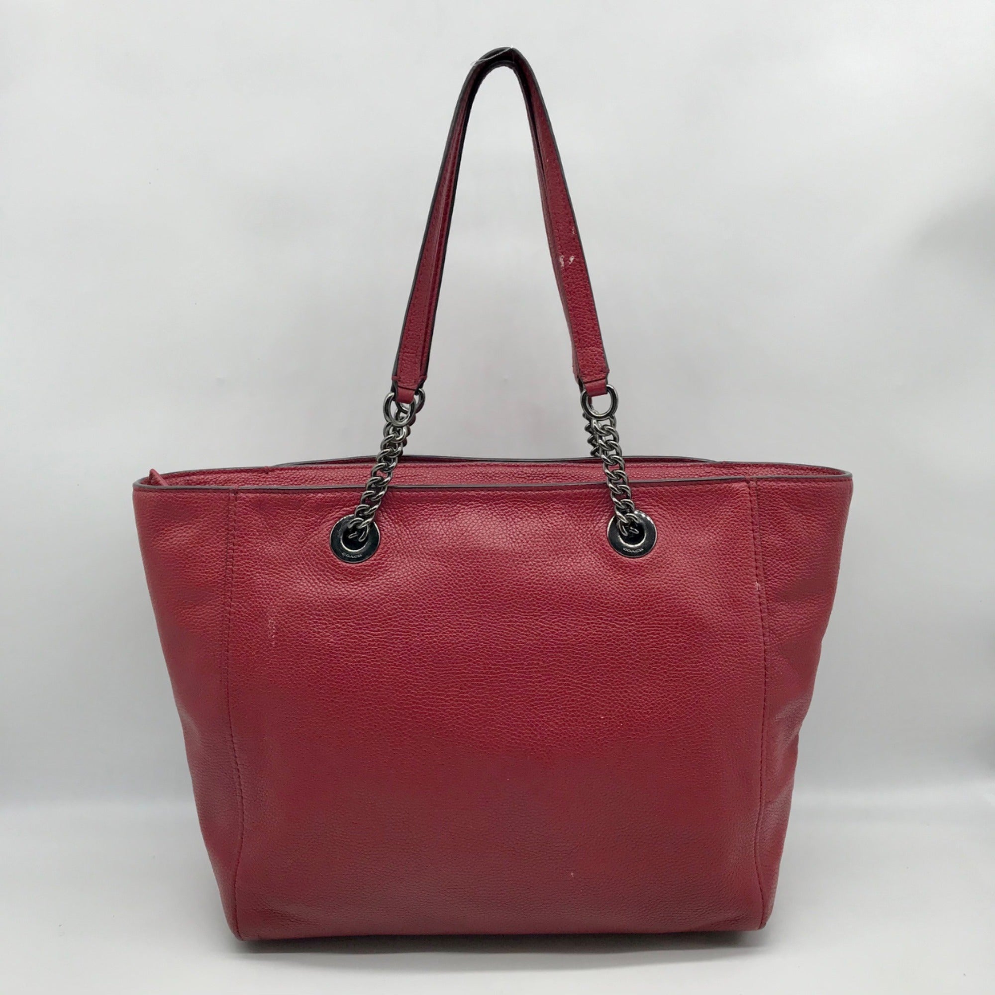 Coach Dark Red Pebbled Leather Turnlock Chain Tote Bag 56830