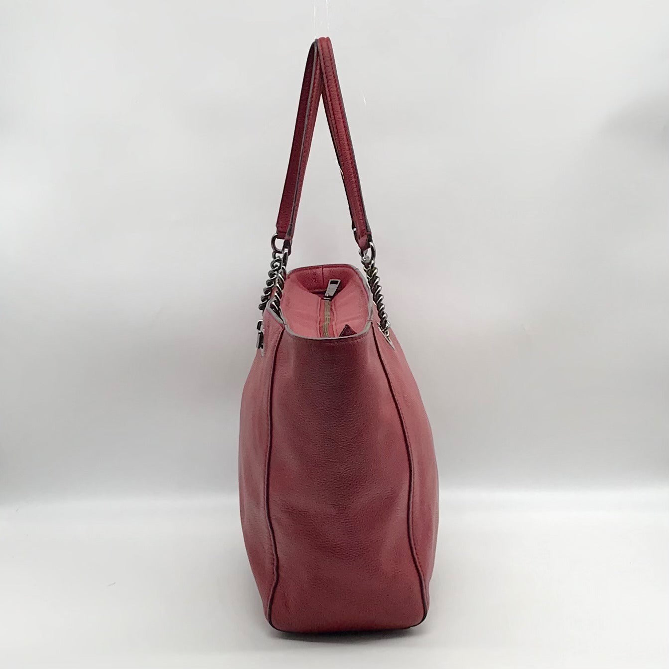 Coach Dark Red Pebbled Leather Turnlock Chain Tote Bag 56830
